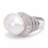 Vintage 18k White Gold 16mm Baroque South Sea Pearl and Diamond Ring
