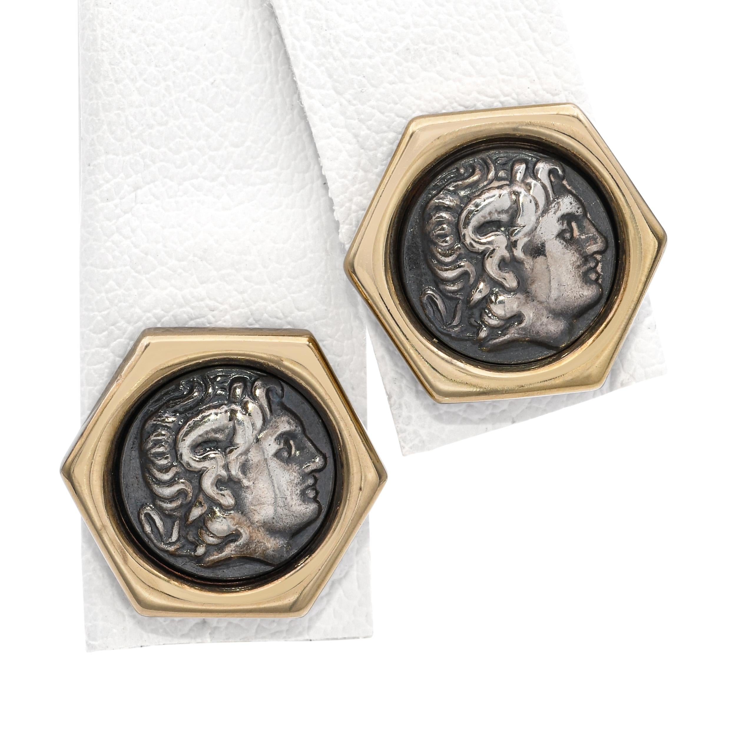 14k Yellow Gold and Sterling Silver Roman Coin Style Earrings