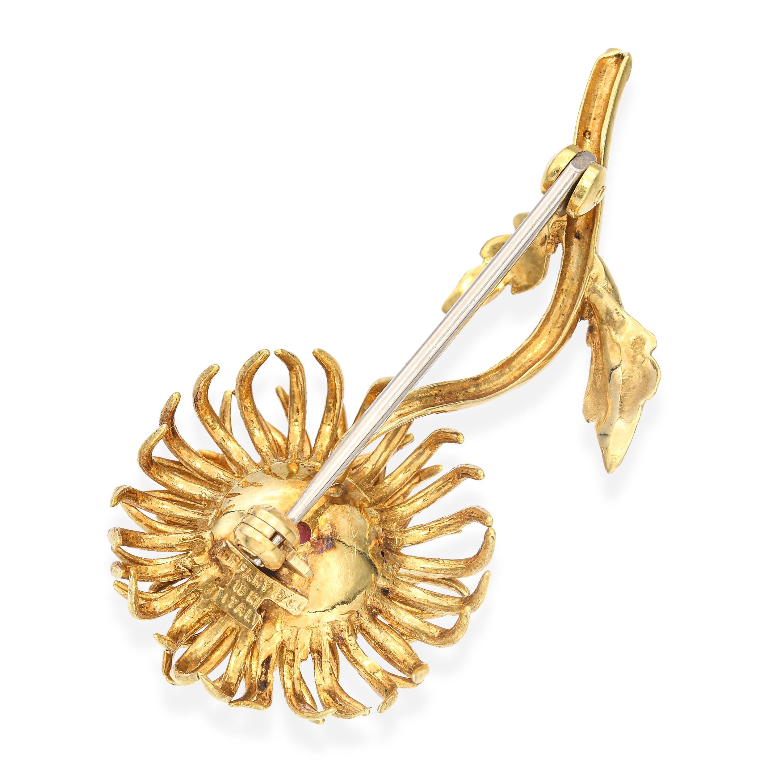 Vintage Tiffany & Co 18k Yellow Gold Ruby Chrysanthemum Flower Brooch