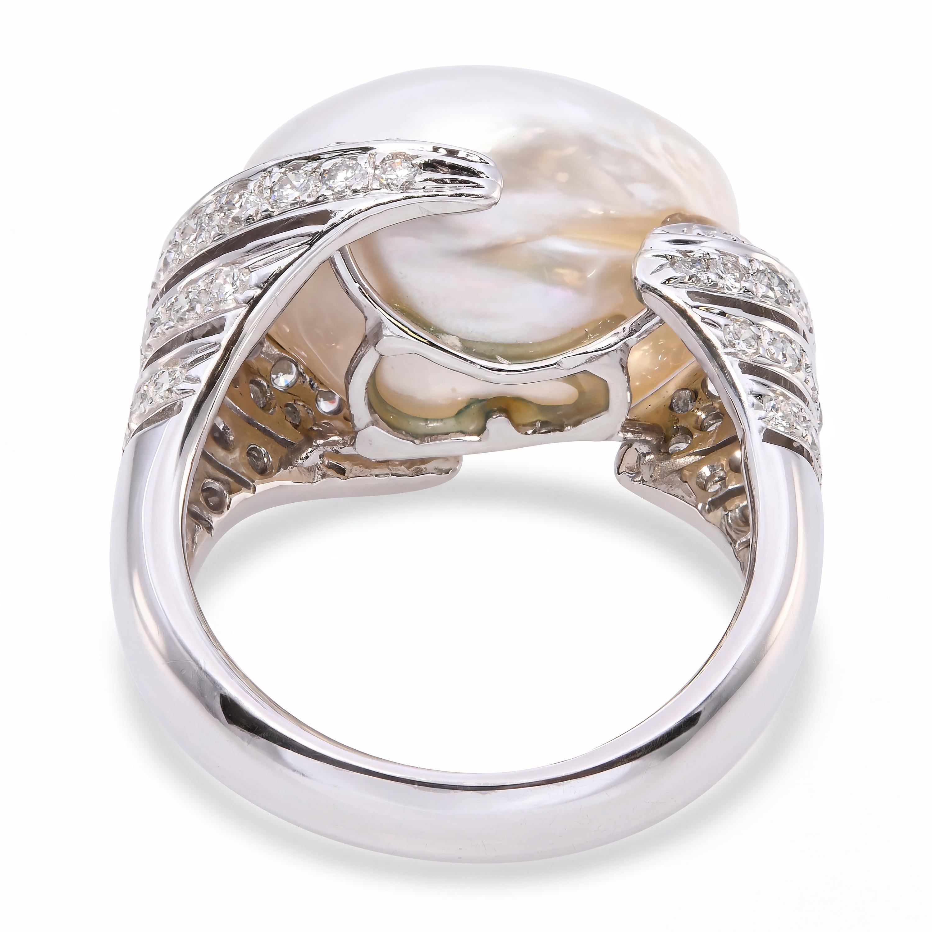 Vintage 18k White Gold 16mm Baroque South Sea Pearl and Diamond Ring