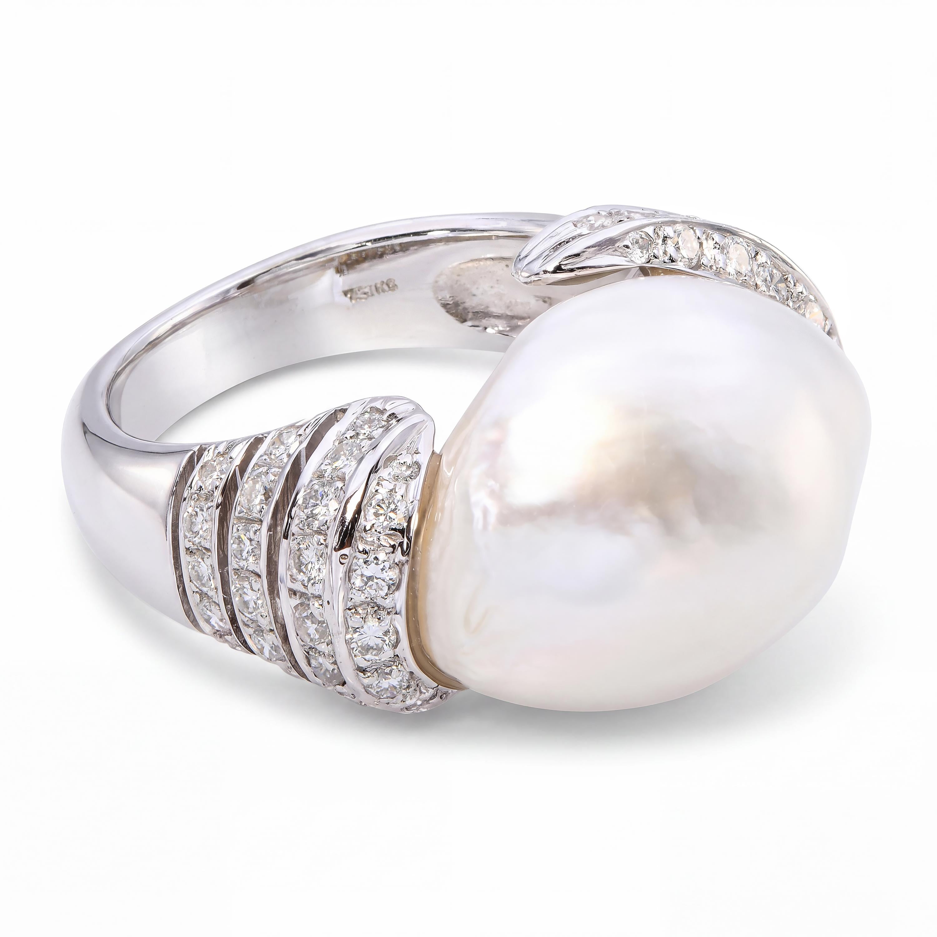 Vintage 18k White Gold 16mm Baroque South Sea Pearl and Diamond Ring