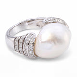 Vintage 18k White Gold 16mm Baroque South Sea Pearl and Diamond Ring