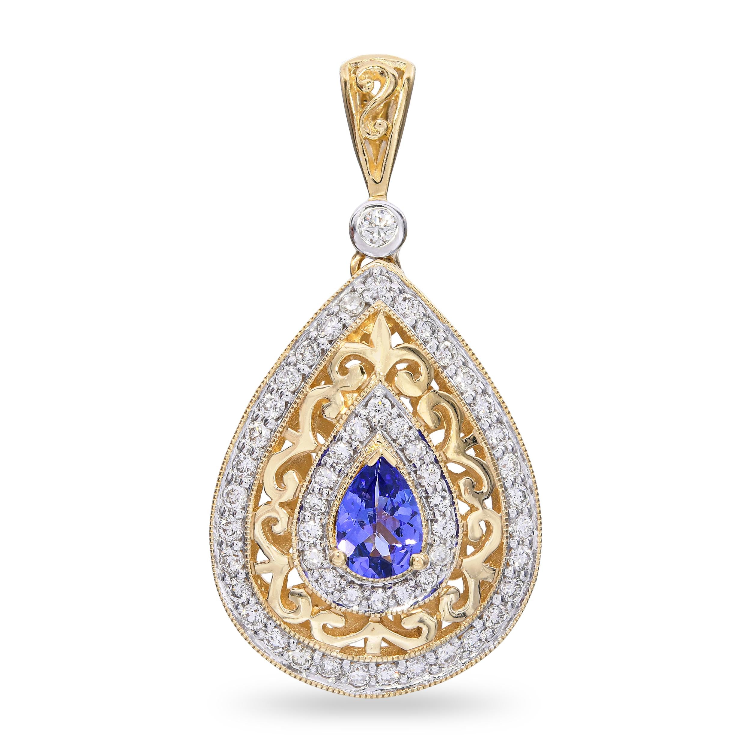 Fiori 14k Yellow Gold 0.63ct Tanzanite & Diamond Filigree Pendant