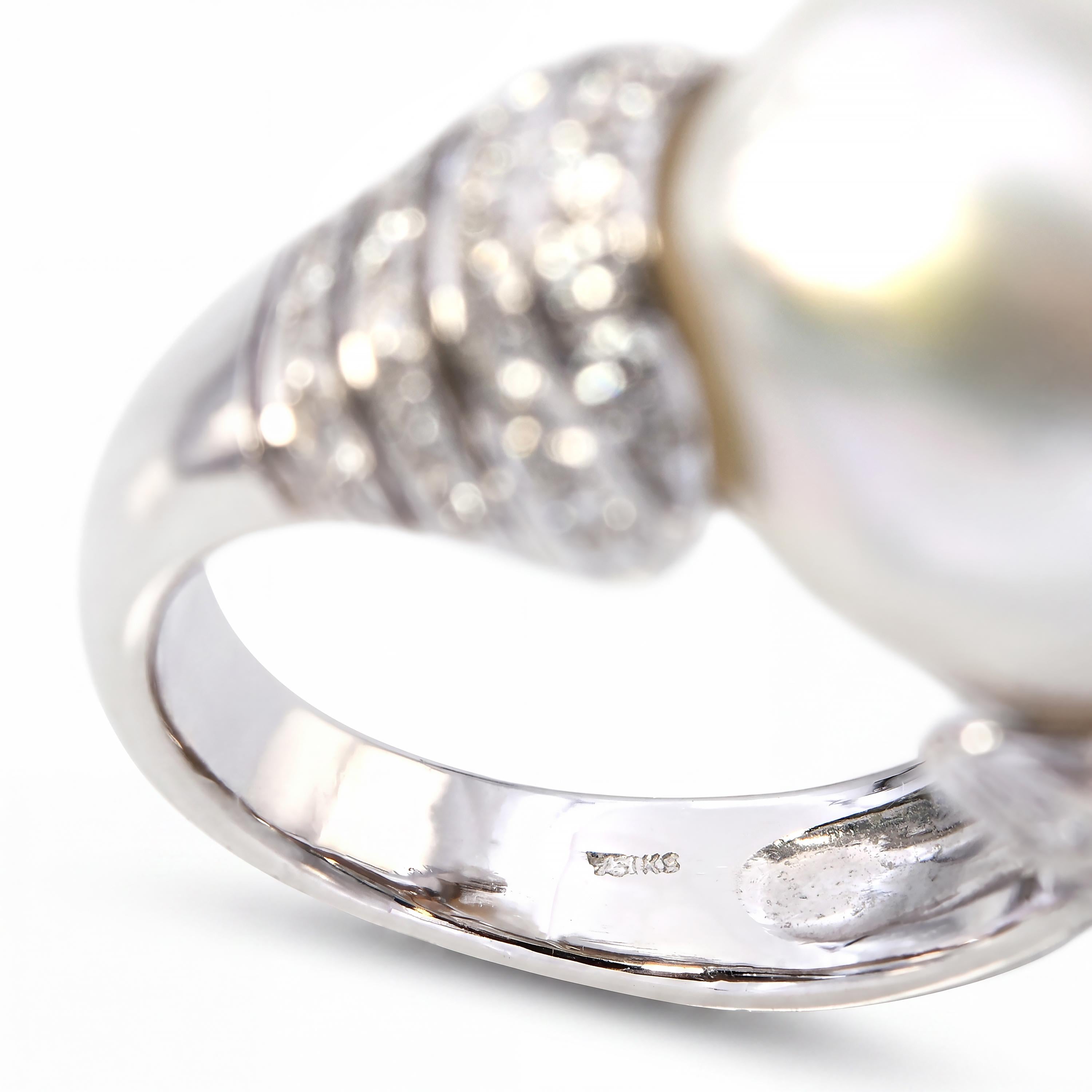 Vintage 18k White Gold 16mm Baroque South Sea Pearl and Diamond Ring