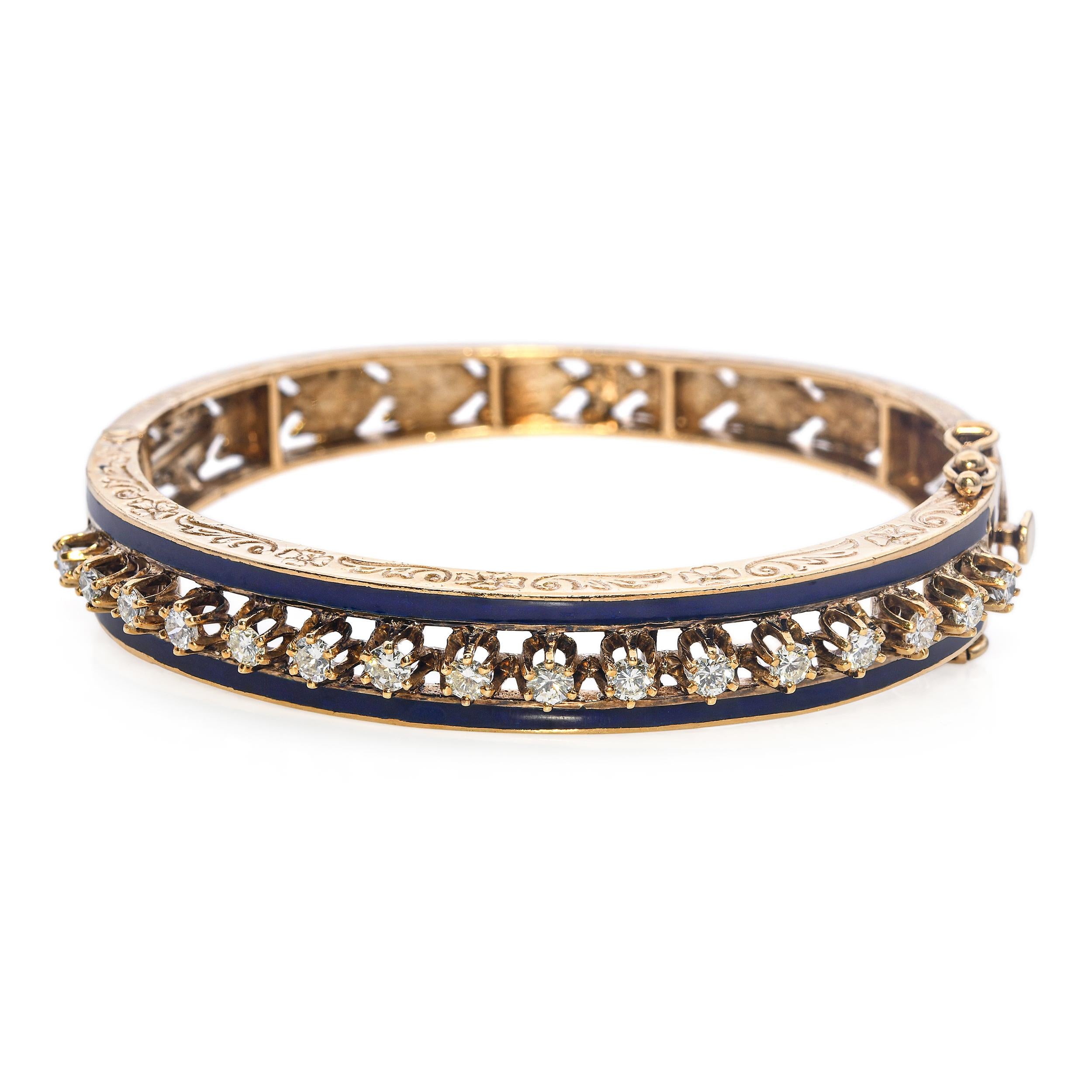 Vintage 14k Yellow Gold 1.02tcw Diamond and Blue Enamel Bangle Bracelet