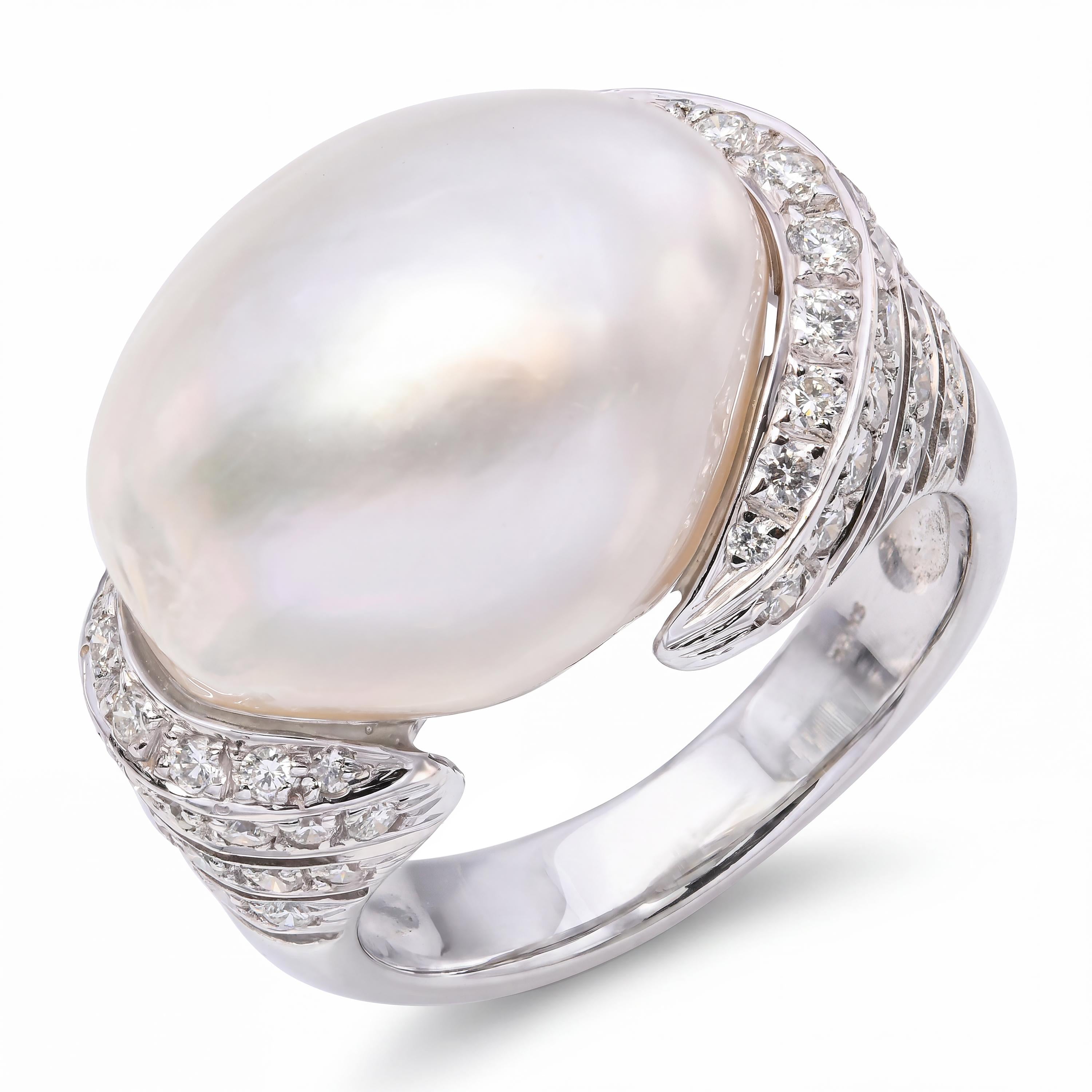 Vintage 18k White Gold 16mm Baroque South Sea Pearl and Diamond Ring