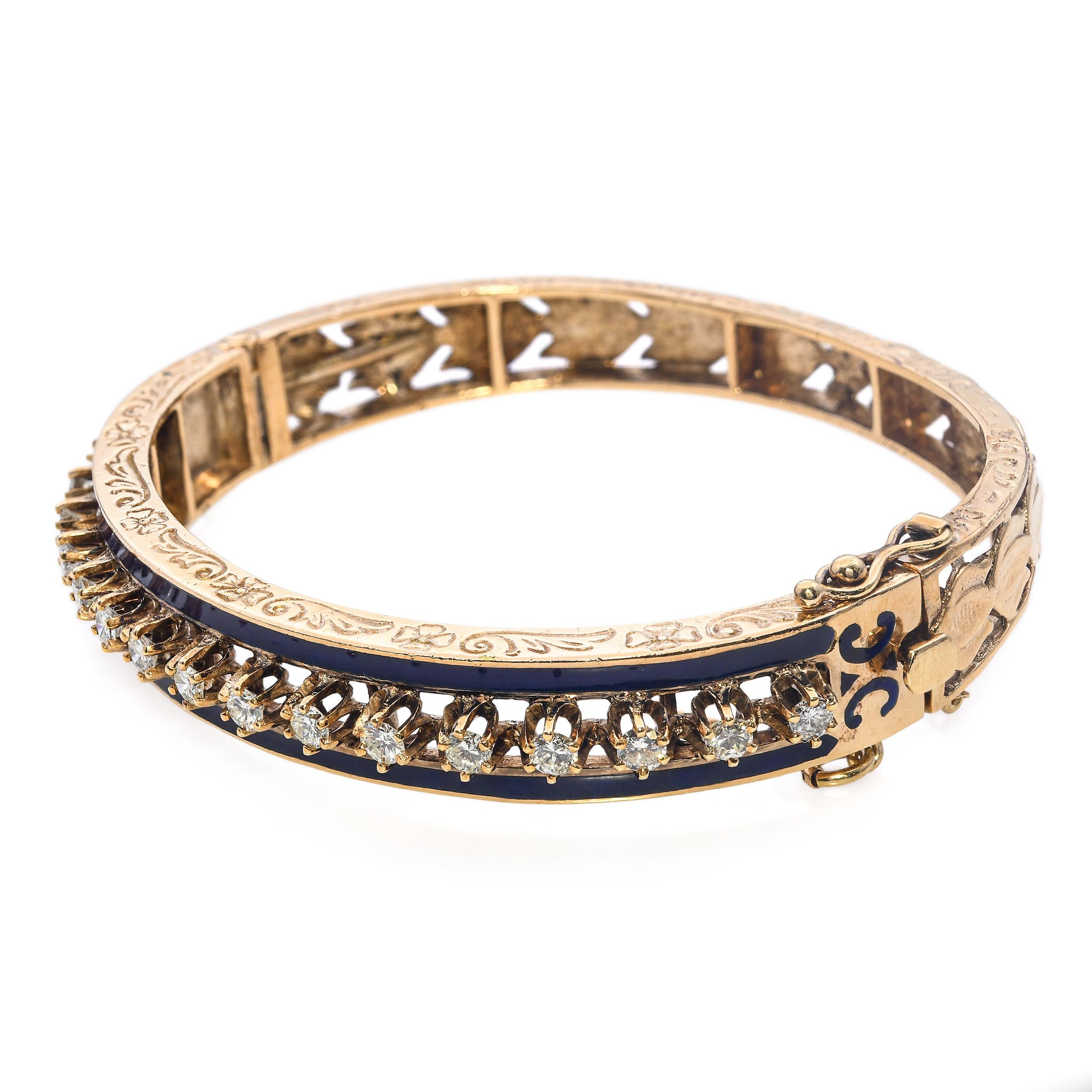 Vintage 14k Yellow Gold 1.02tcw Diamond and Blue Enamel Bangle Bracelet