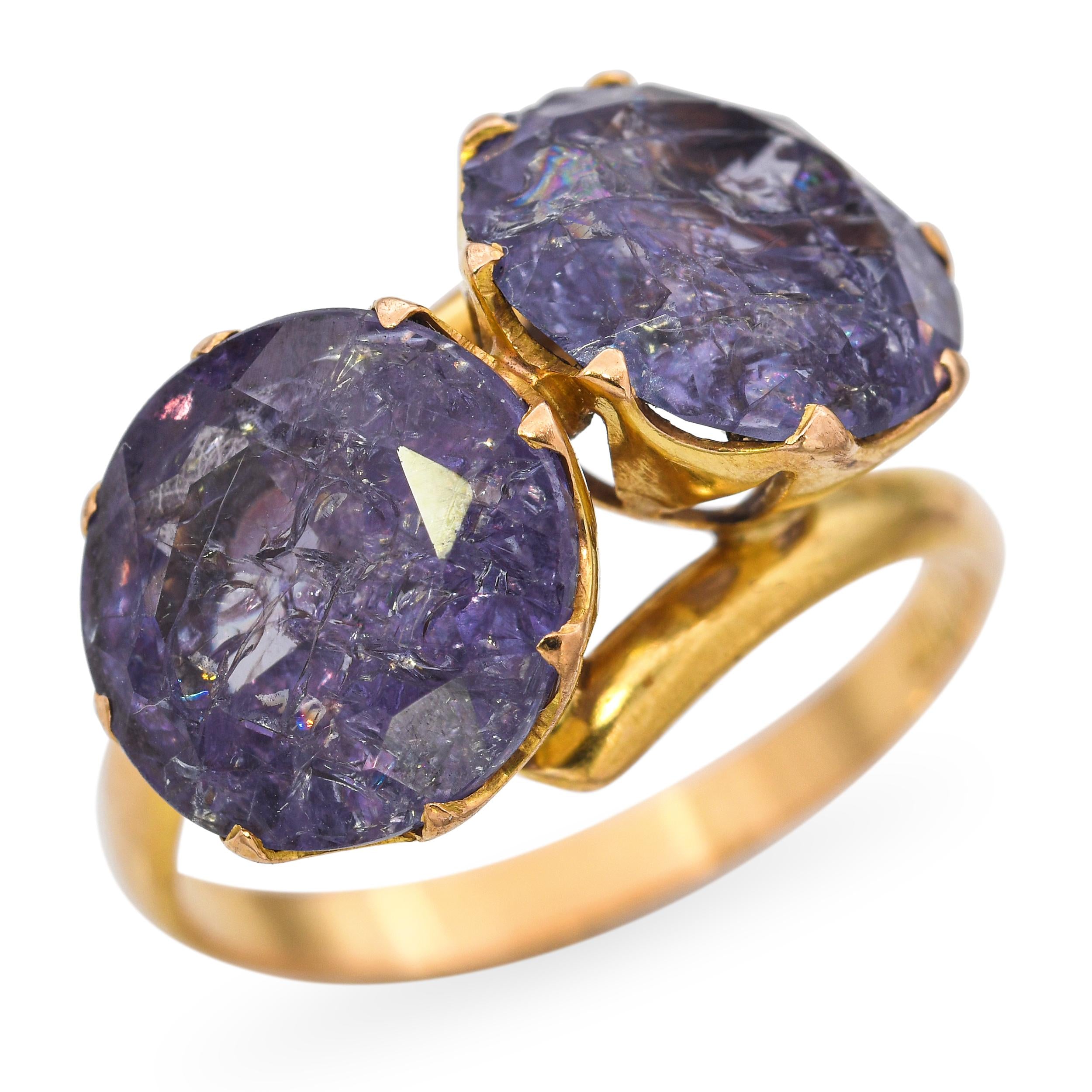 Vintage 14k Yellow Gold Synthetic Alexandrite Toi Et Moi Ring
