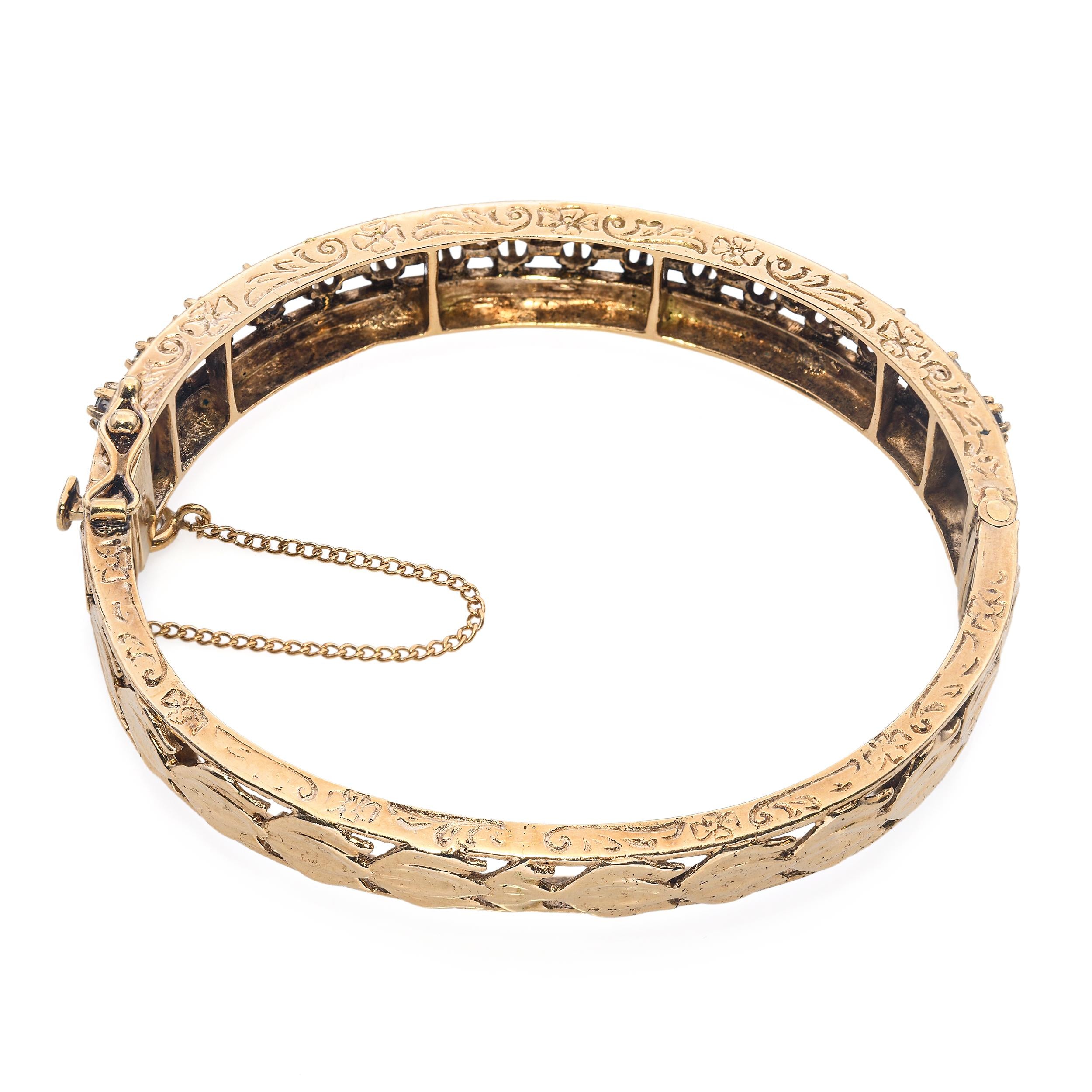Vintage 14k Yellow Gold 1.02tcw Diamond and Blue Enamel Bangle Bracelet