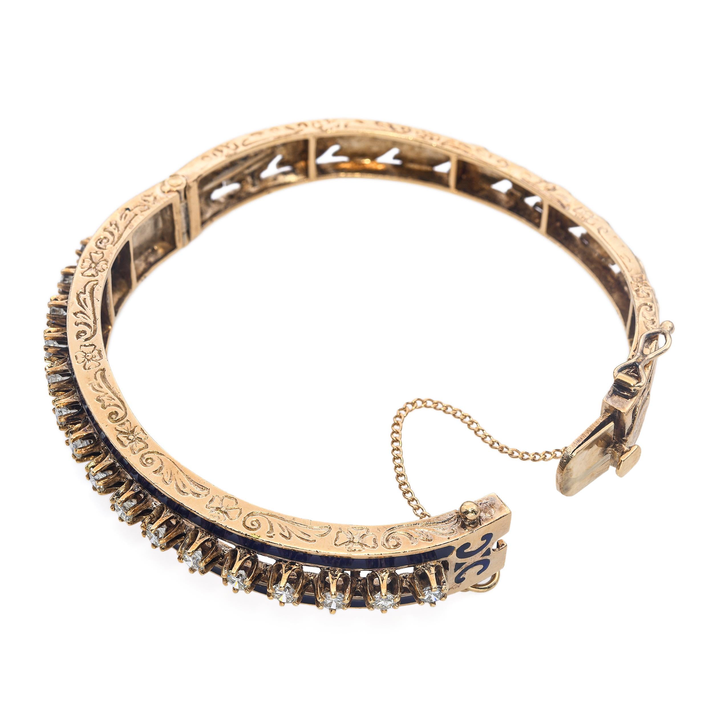 Vintage 14k Yellow Gold 1.02tcw Diamond and Blue Enamel Bangle Bracelet