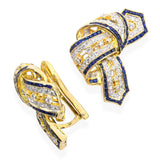 Vintage 18k Yellow Gold Diamond and Sapphire Ribbon Earrings