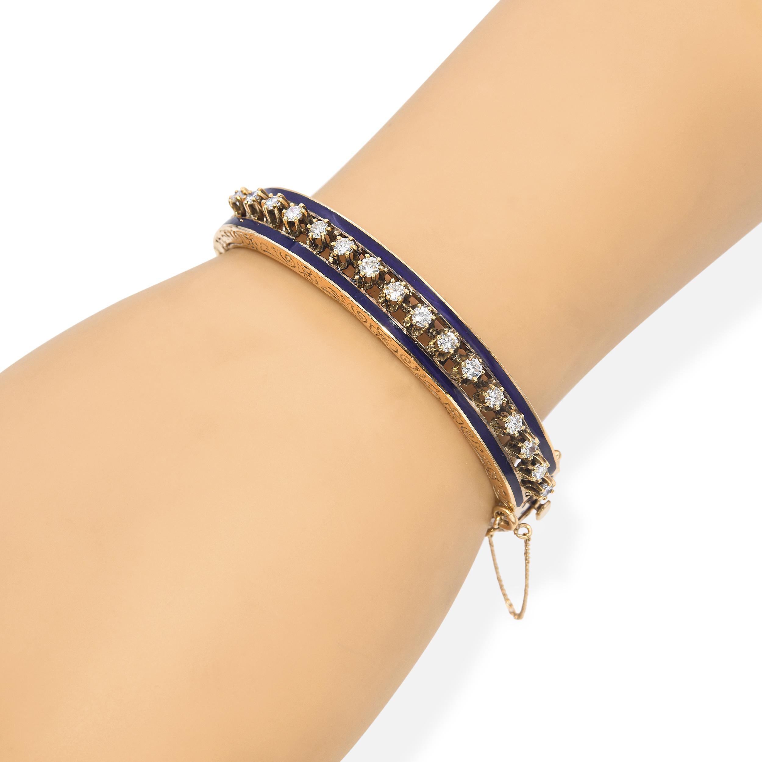 Vintage 14k Yellow Gold 1.02tcw Diamond and Blue Enamel Bangle Bracelet