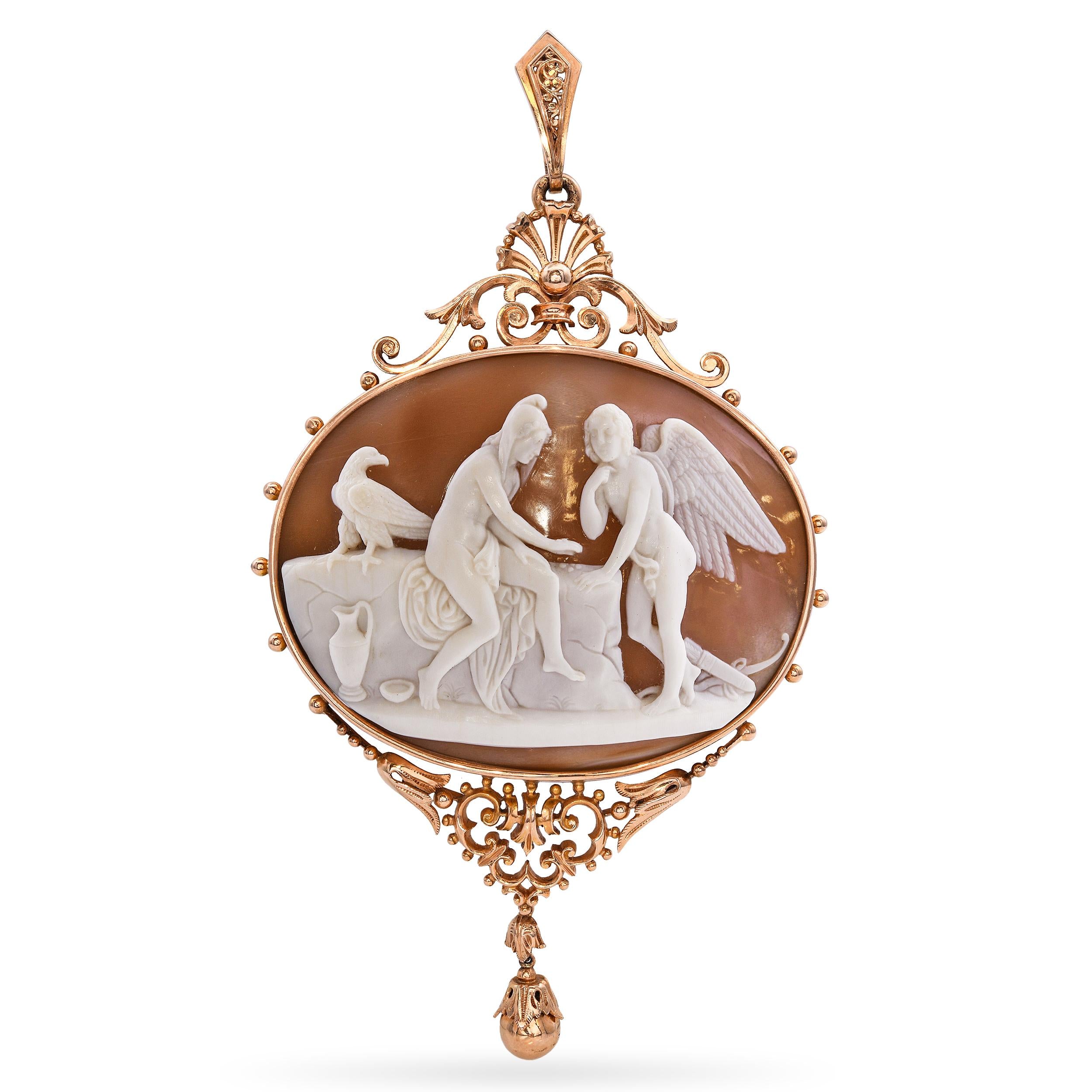 Vintage 14k Yellow Gold Ornate Shell Cameo Ganymede with Zeus Pendant