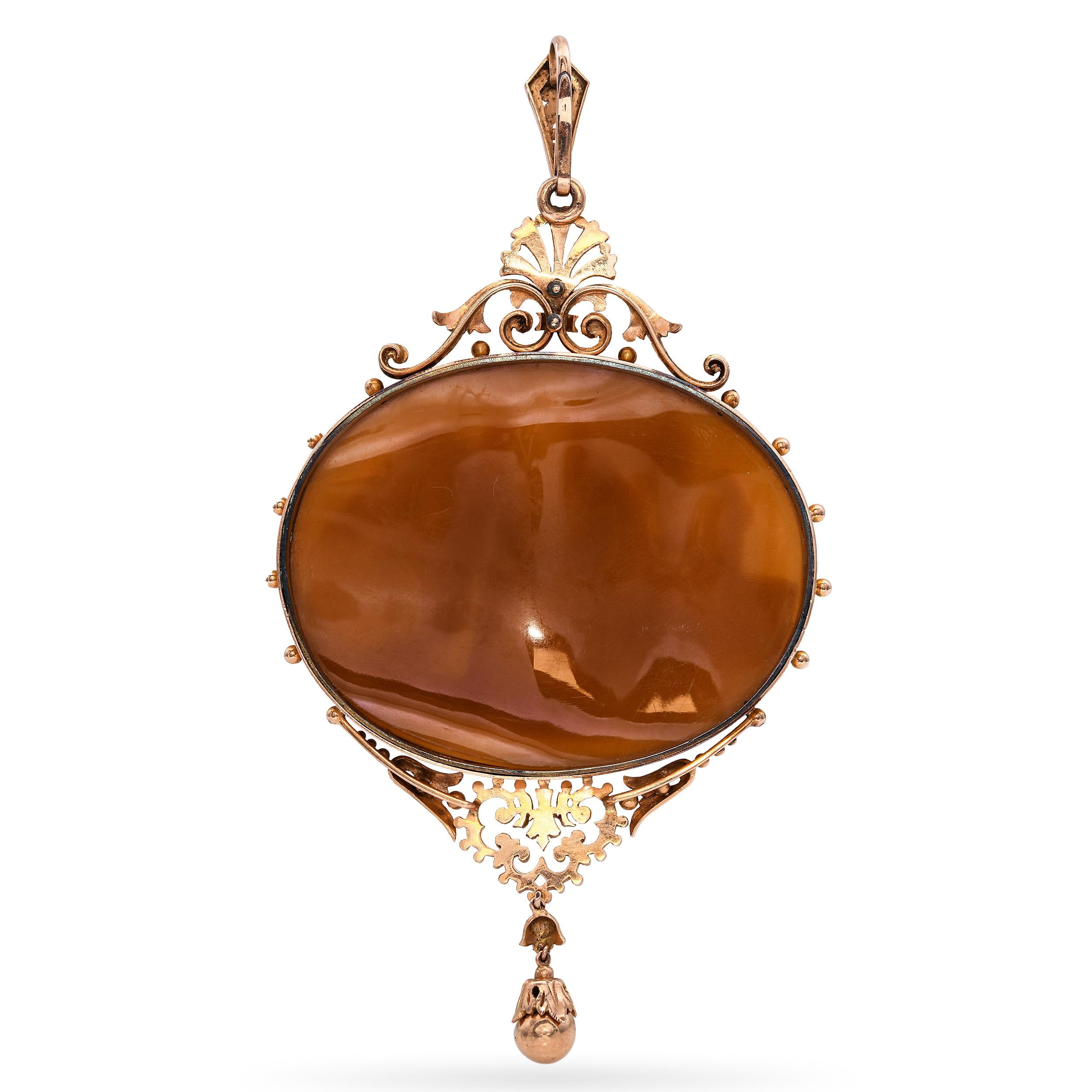 Vintage 14k Yellow Gold Ornate Shell Cameo Ganymede with Zeus Pendant