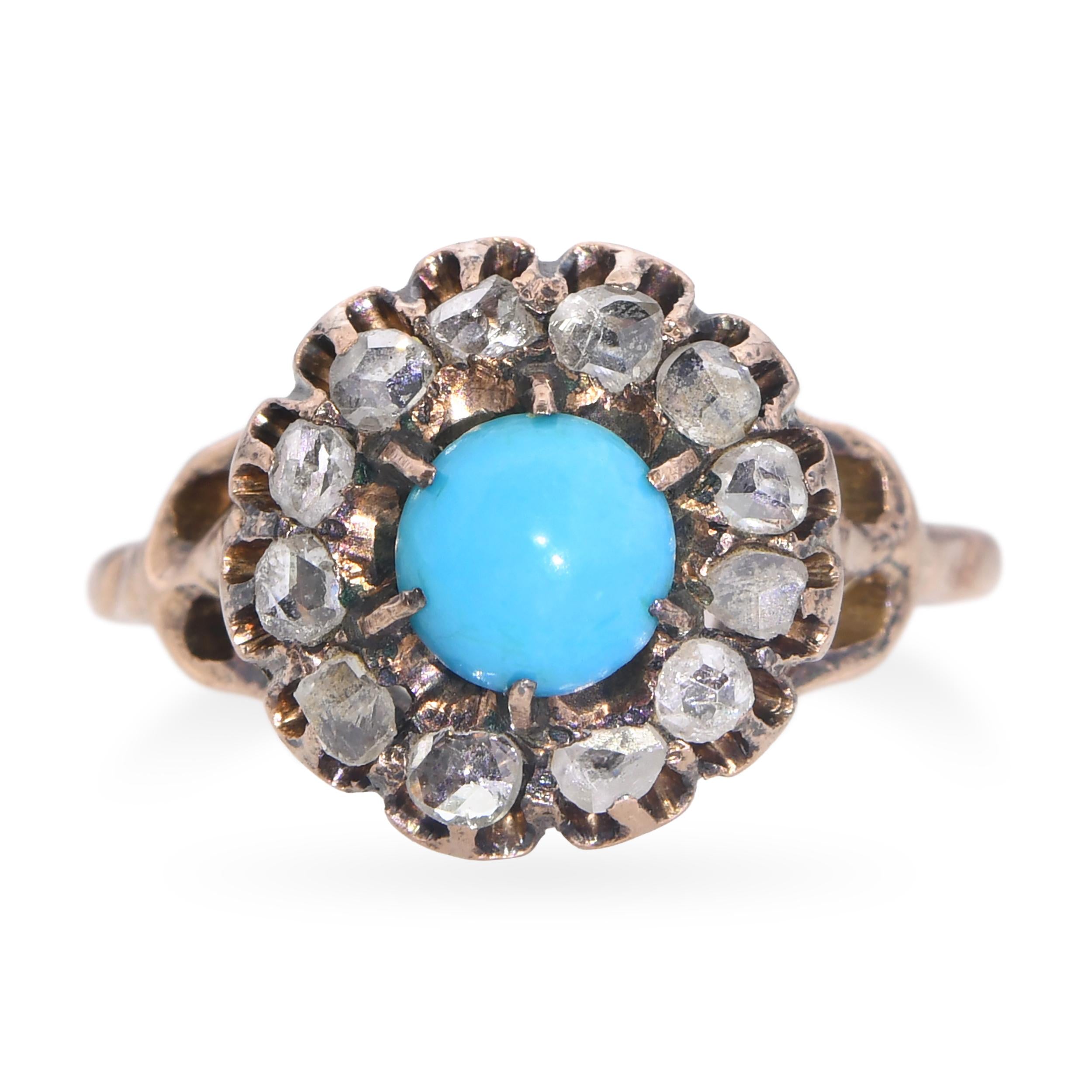 Antique Early-Victorian 9k Rose Gold Polki Diamond Turquoise Ring