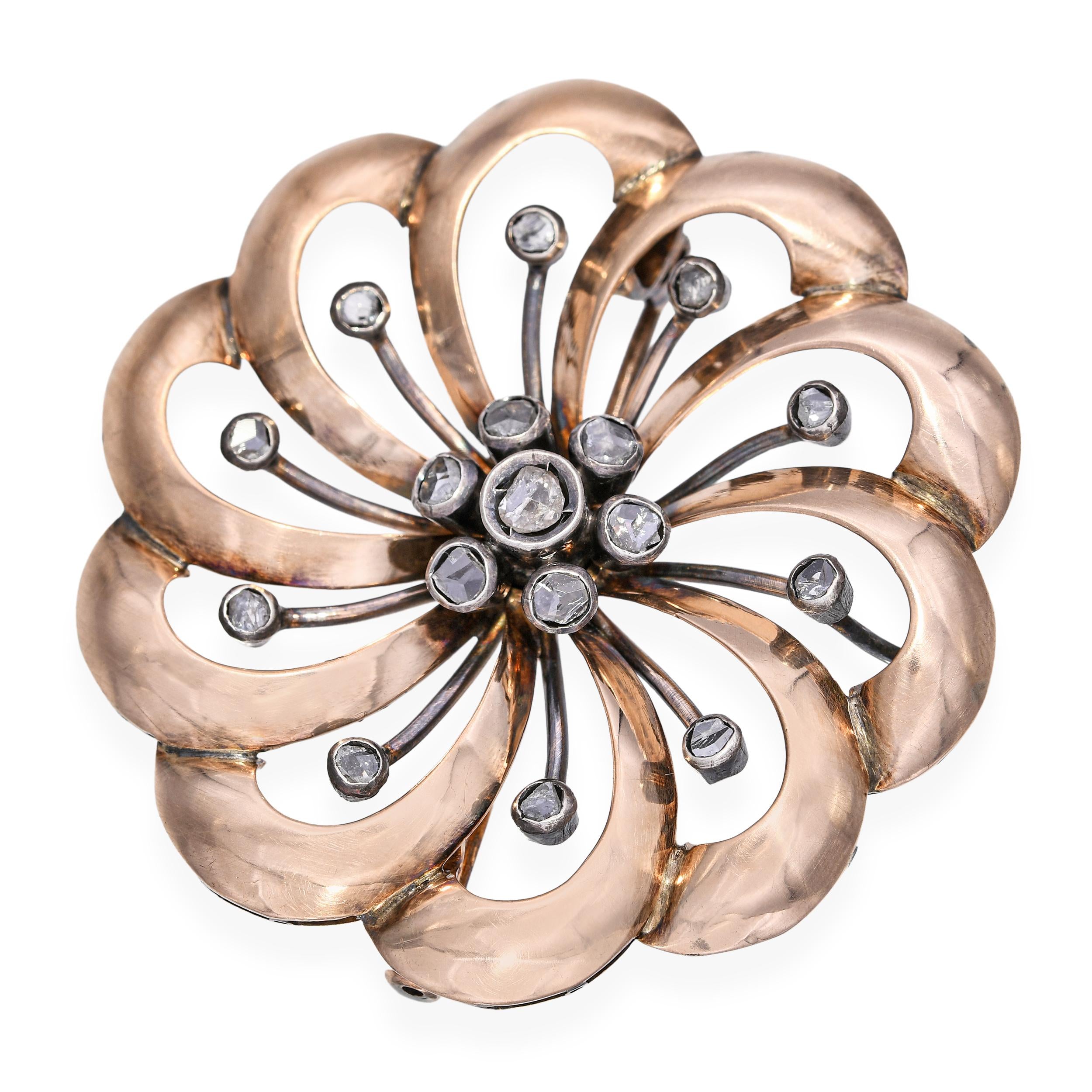 Antique Rose Gold and Silver Rose Cut Diamond Brooch Pendant