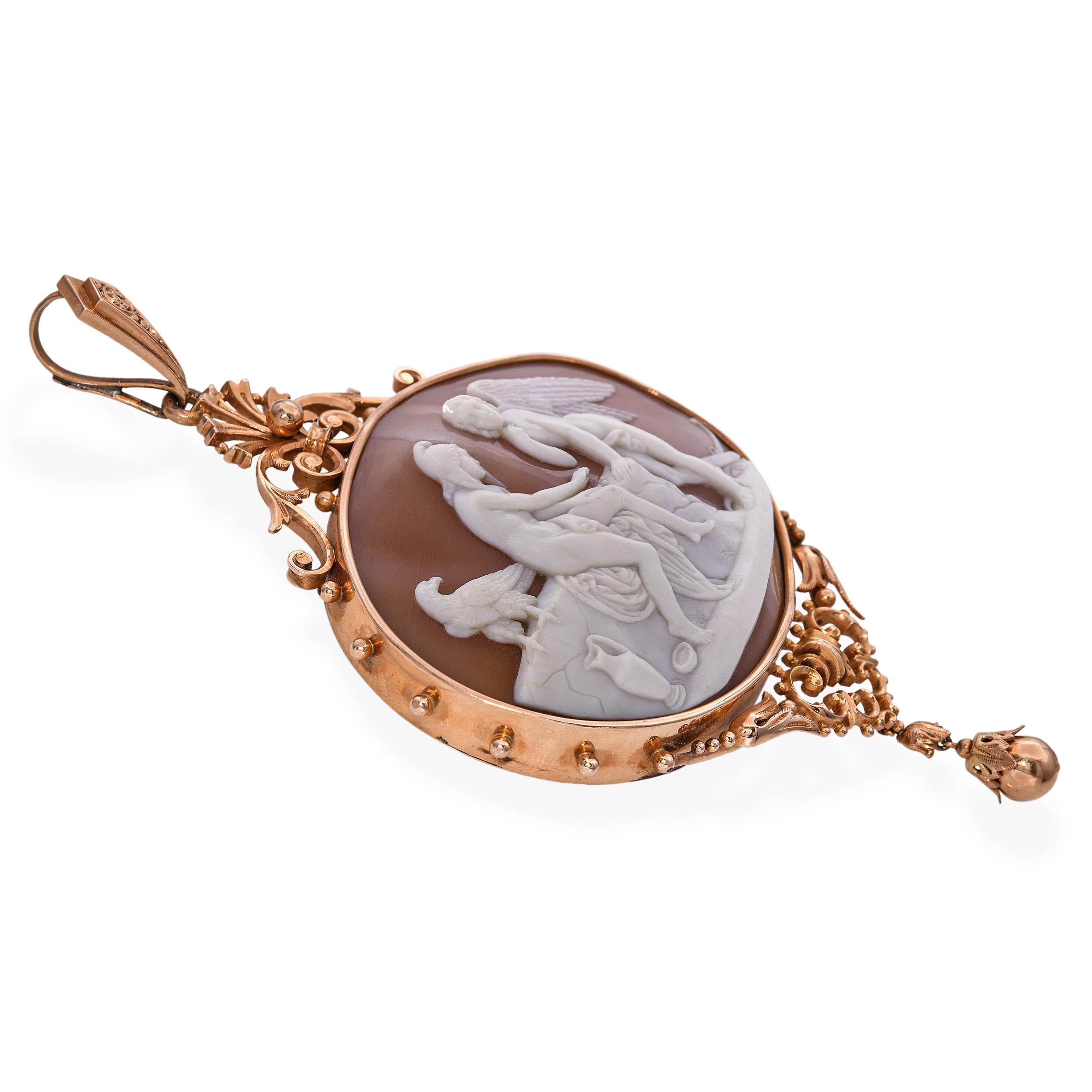 Vintage 14k Yellow Gold Ornate Shell Cameo Ganymede with Zeus Pendant
