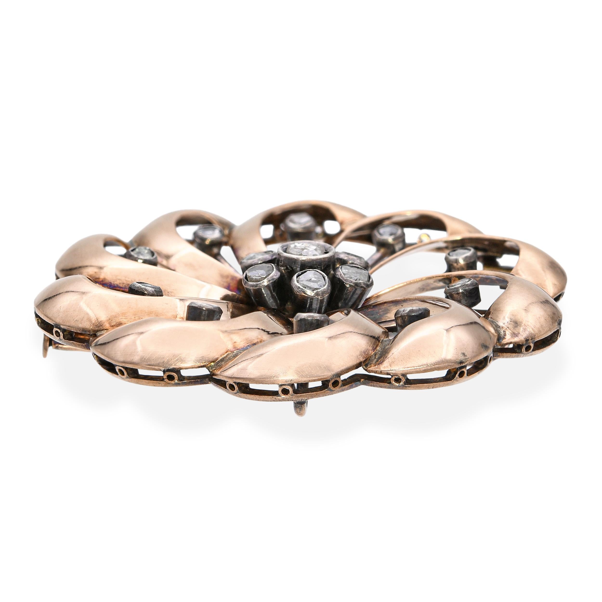 Antique Rose Gold and Silver Rose Cut Diamond Brooch Pendant