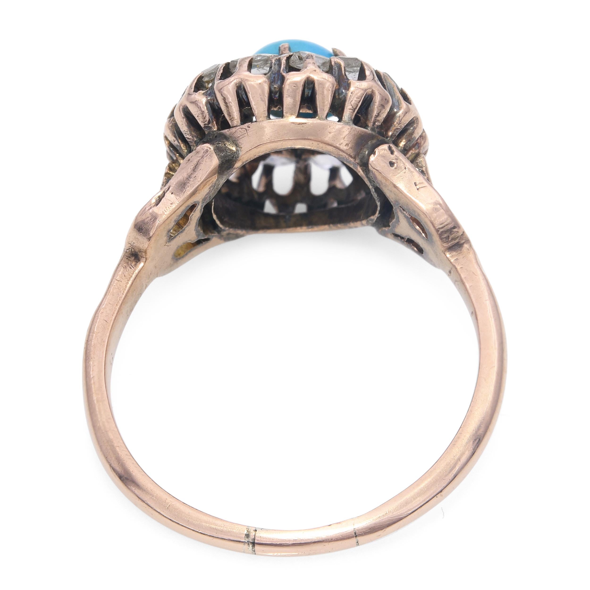Antique Early-Victorian 9k Rose Gold Polki Diamond Turquoise Ring