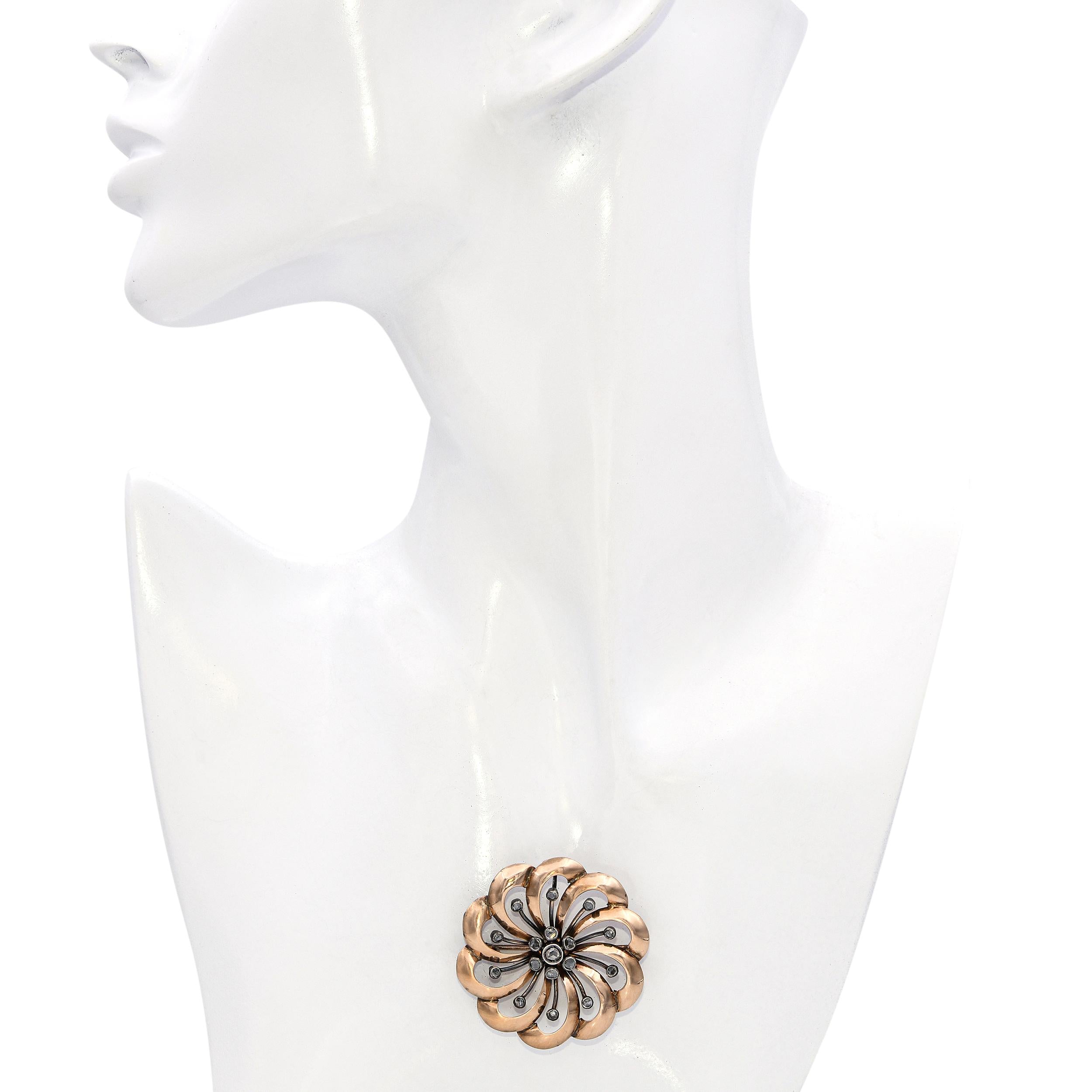 Antique Rose Gold and Silver Rose Cut Diamond Brooch Pendant