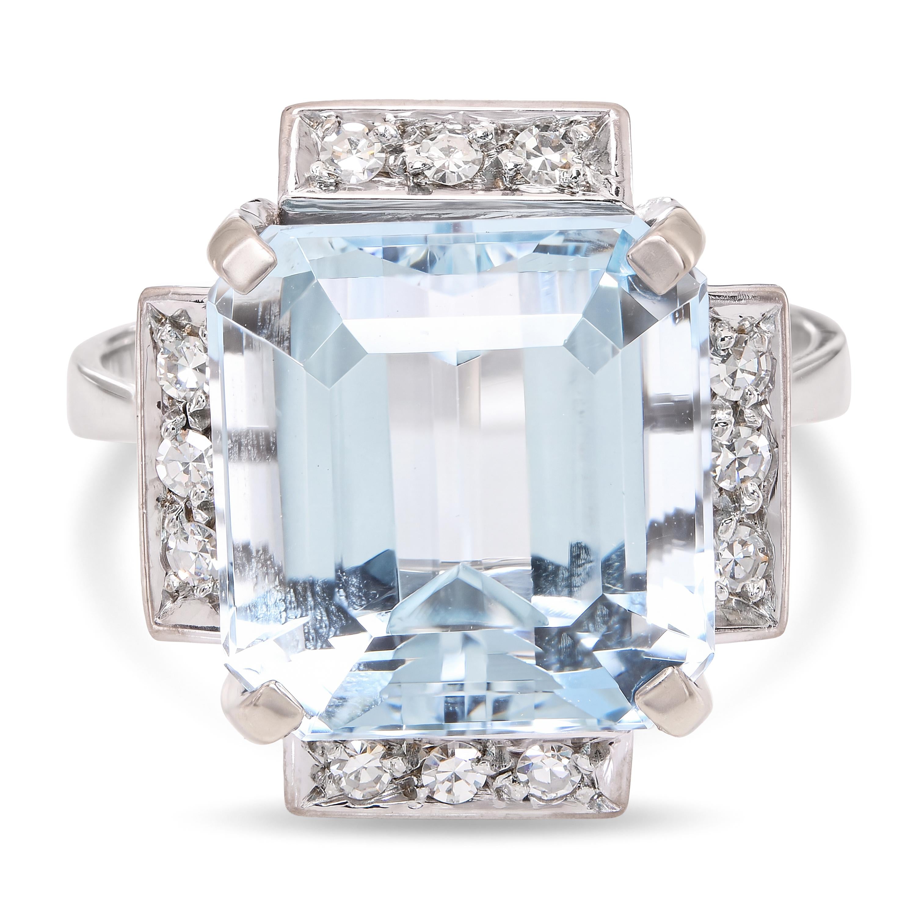 Vintage 18k White Gold Aquamarine and Diamond Cocktail Ring
