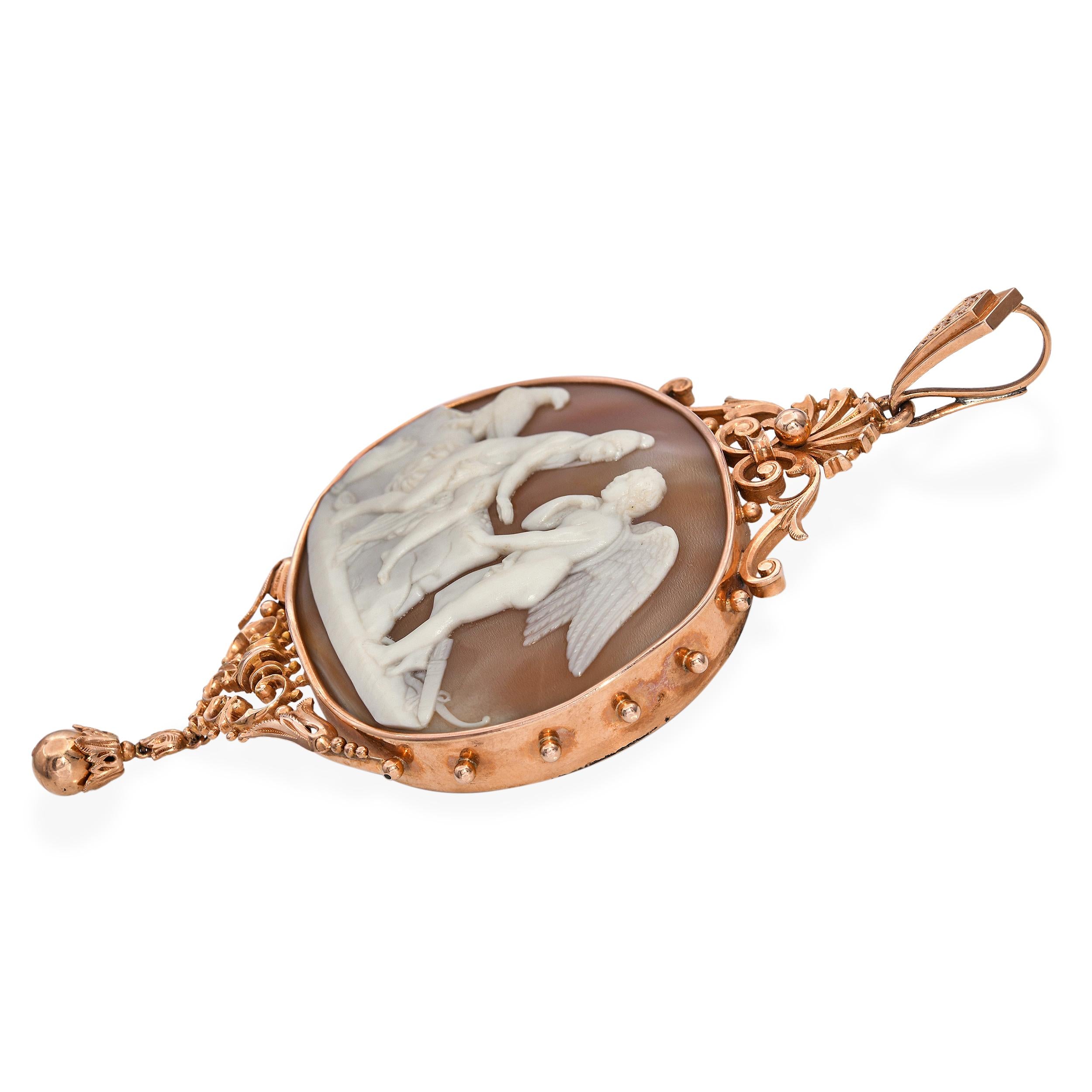 Vintage 14k Yellow Gold Ornate Shell Cameo Ganymede with Zeus Pendant