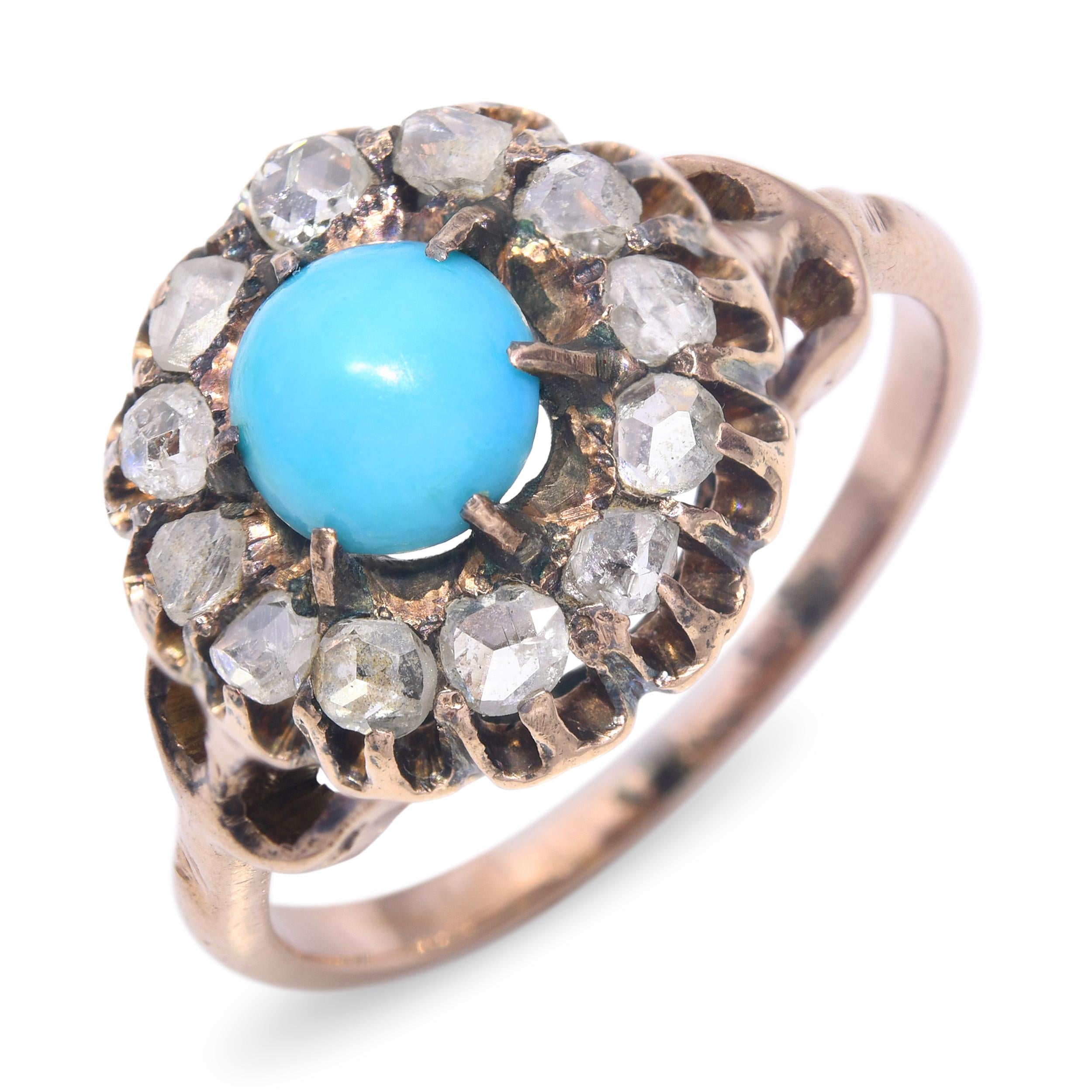 Antique Early-Victorian 9k Rose Gold Polki Diamond Turquoise Ring