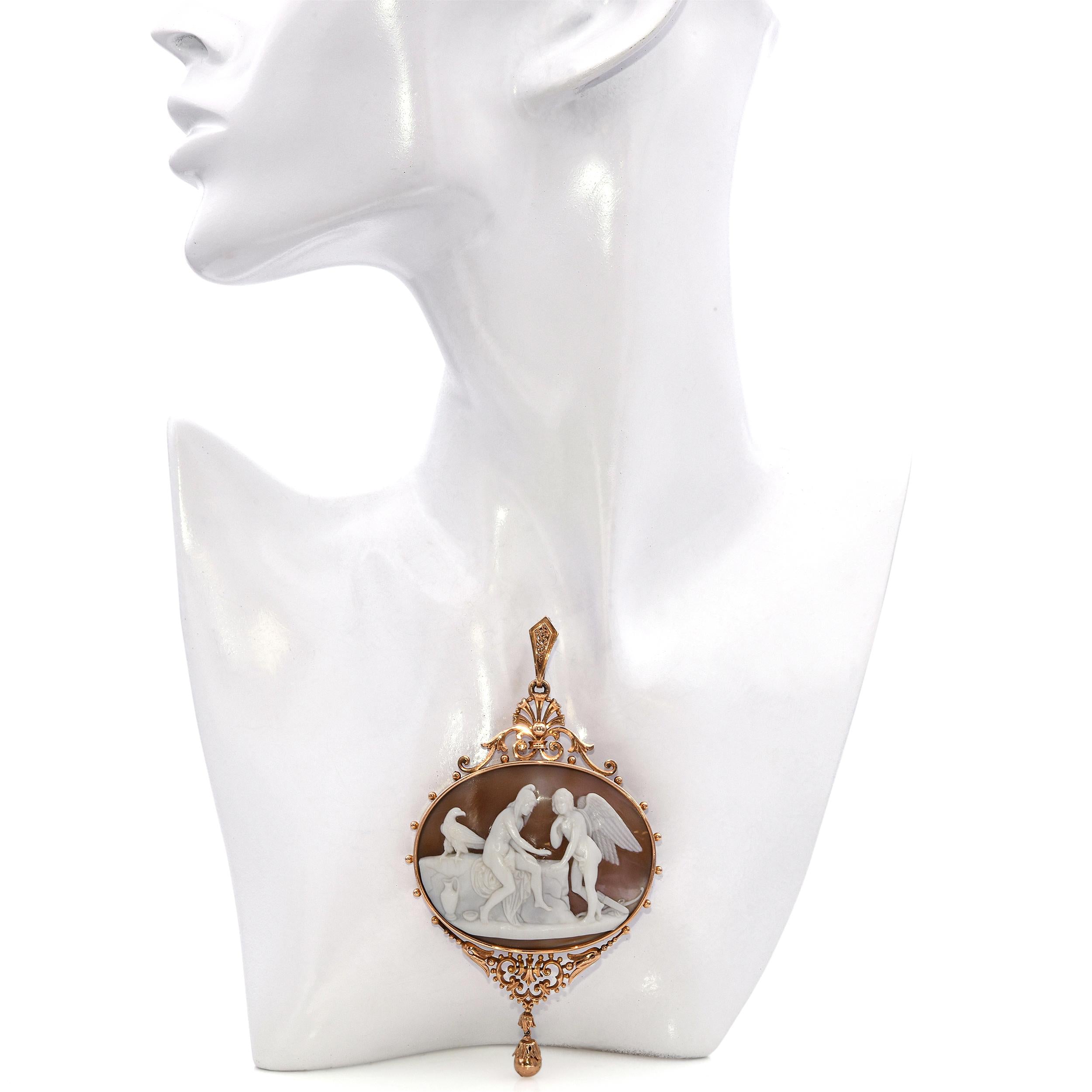 Vintage 14k Yellow Gold Ornate Shell Cameo Ganymede with Zeus Pendant