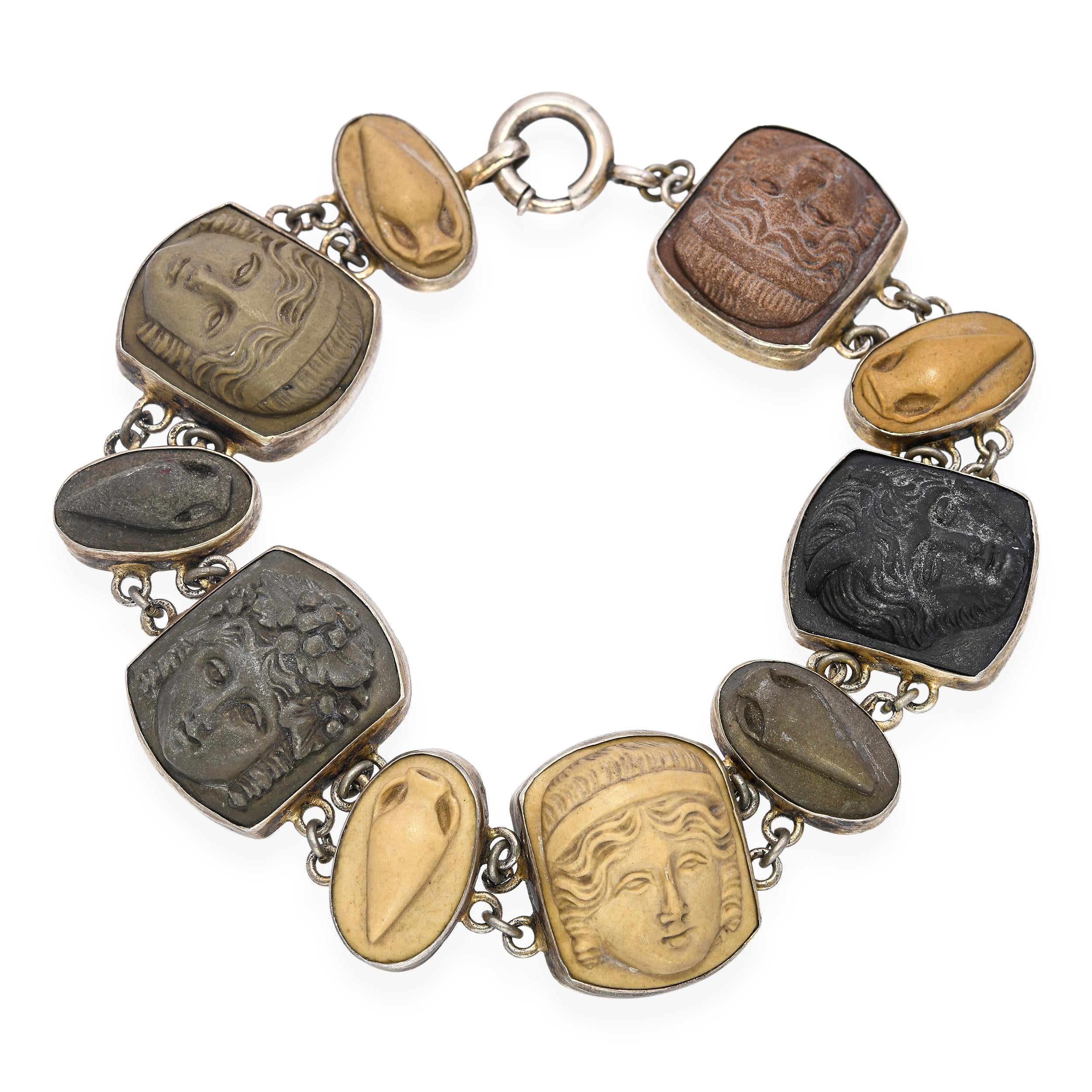 Antique Victorian Silver Grand Tour Lava Cameo Bracelet