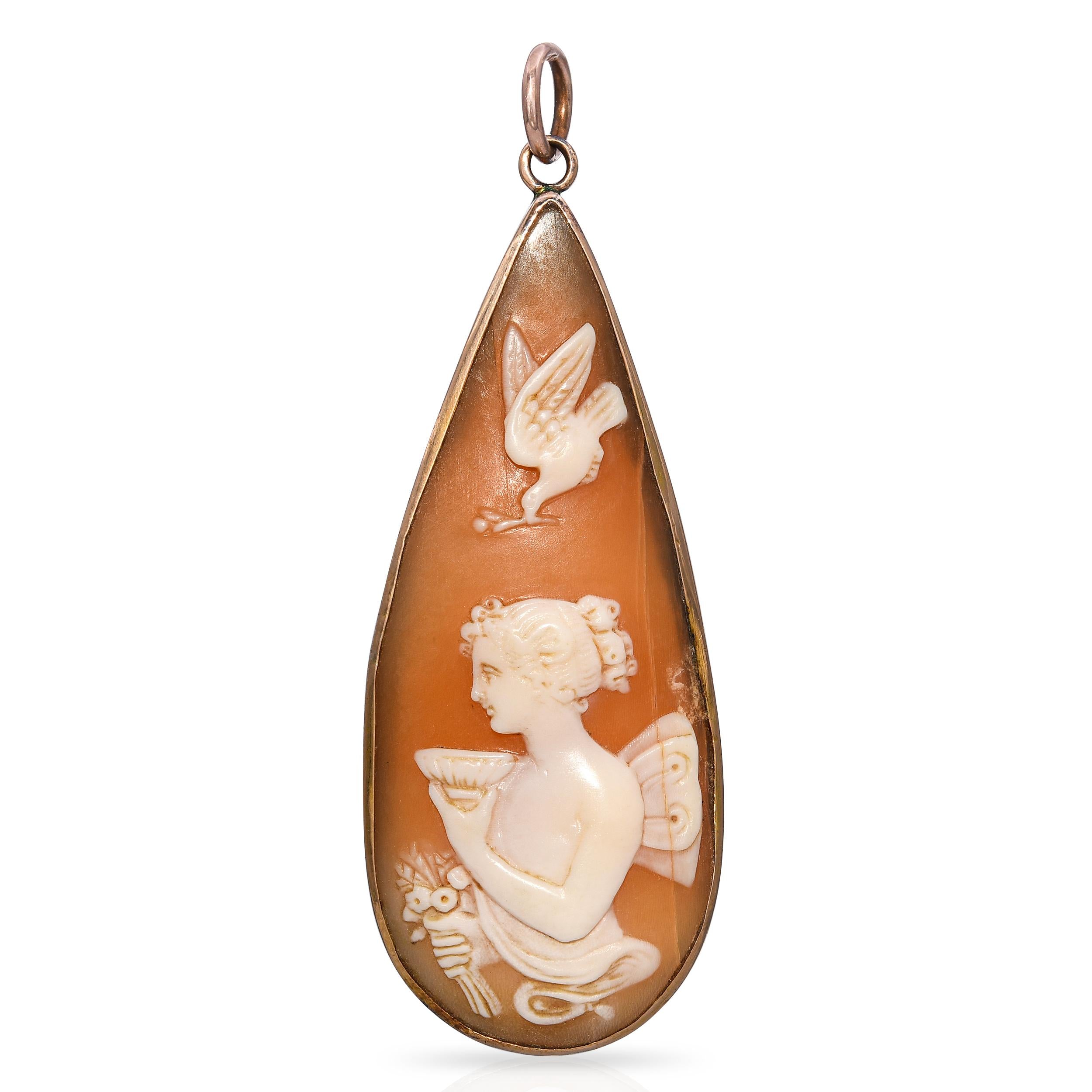 Antique 14K Yellow Gold Psyche with Flowers & Cup Wedding Cameo Pendant