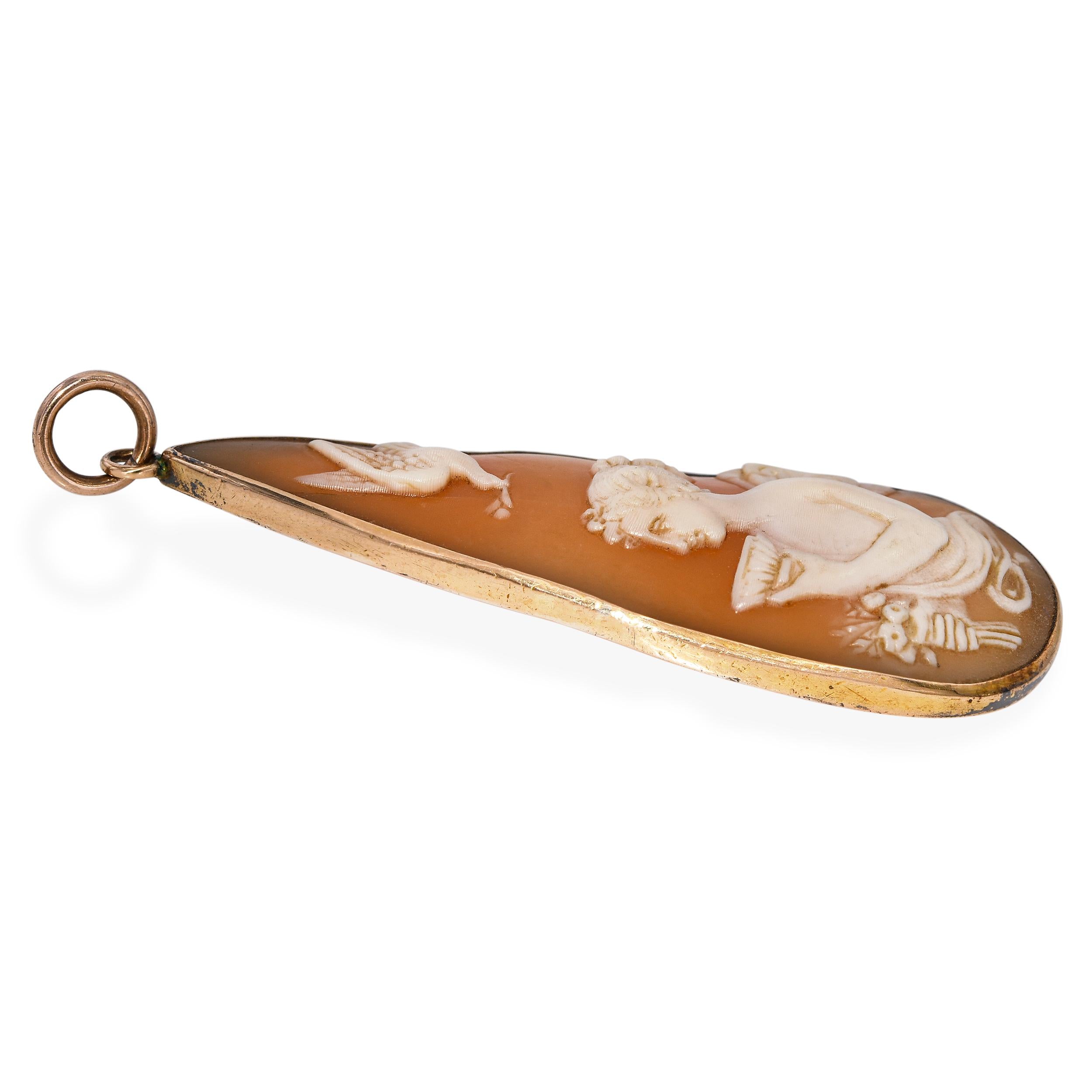 Antique 14K Yellow Gold Psyche with Flowers & Cup Wedding Cameo Pendant