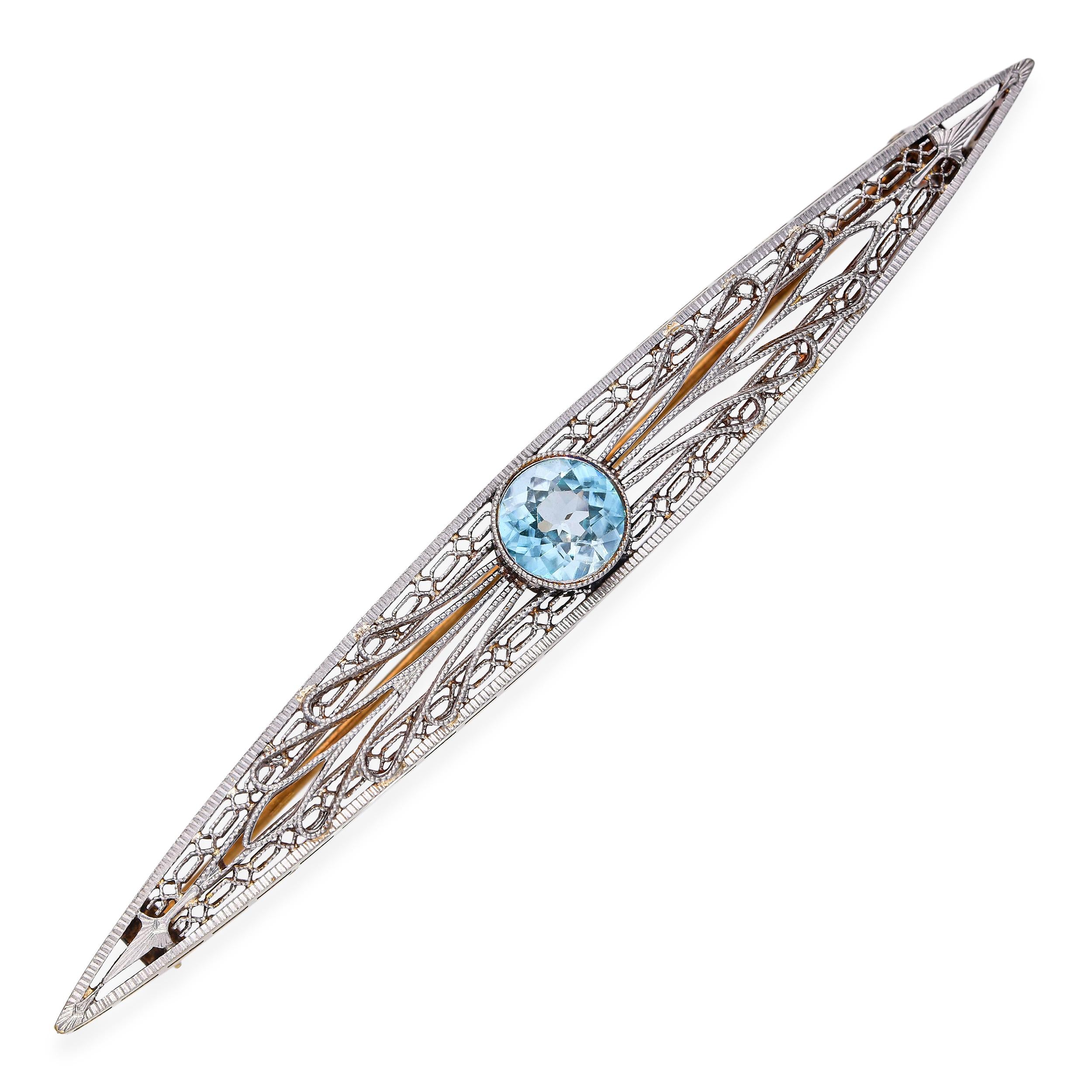 Antique 14k Yellow Gold & Platinum Filigree 0.7ct Blue Topaz Bar Brooch
