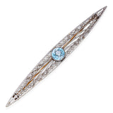 Antique 14k Yellow Gold & Platinum Filigree 0.7ct Blue Topaz Bar Brooch
