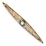 Antique 14k Yellow Gold & Platinum Filigree 0.7ct Blue Topaz Bar Brooch