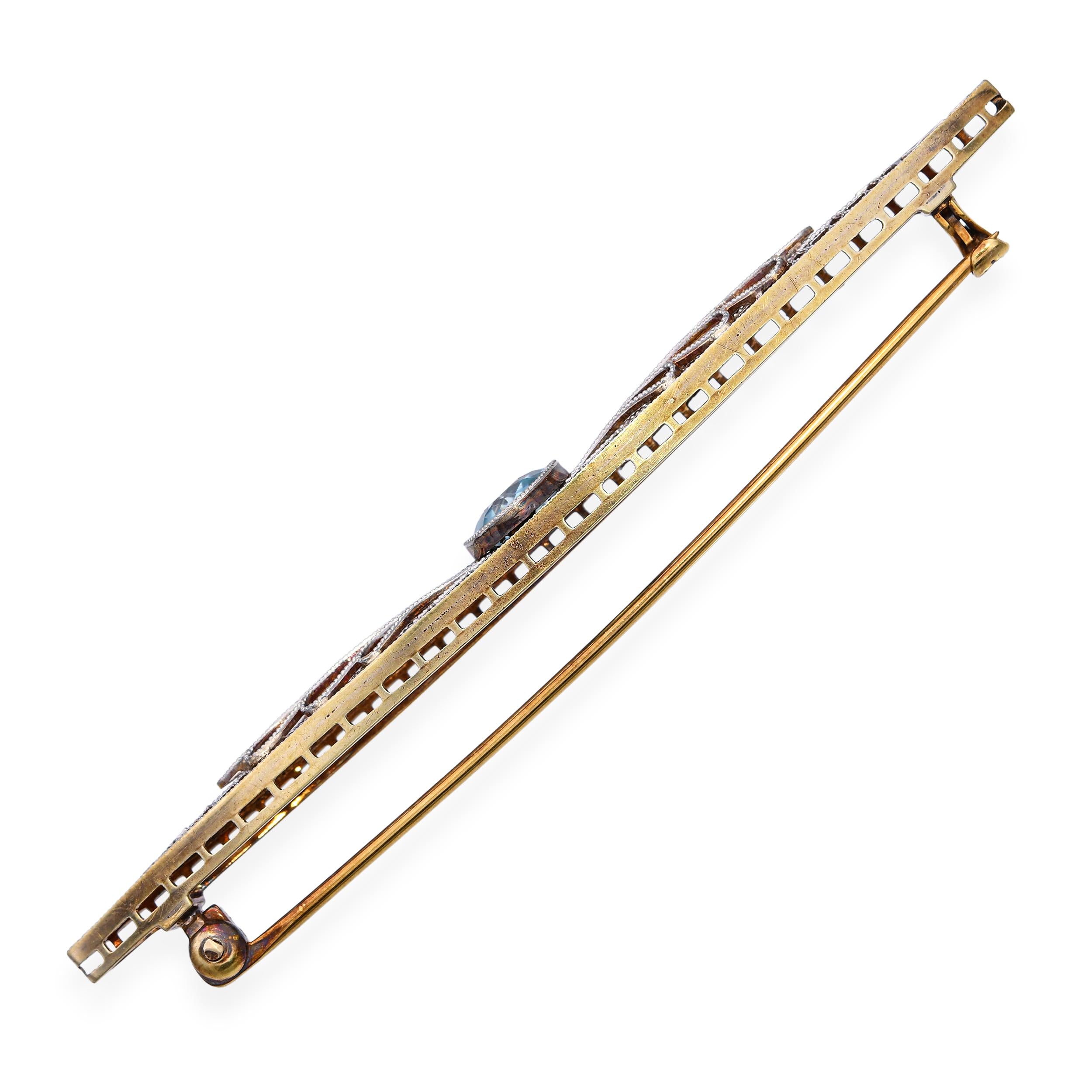 Antique 14k Yellow Gold & Platinum Filigree 0.7ct Blue Topaz Bar Brooch