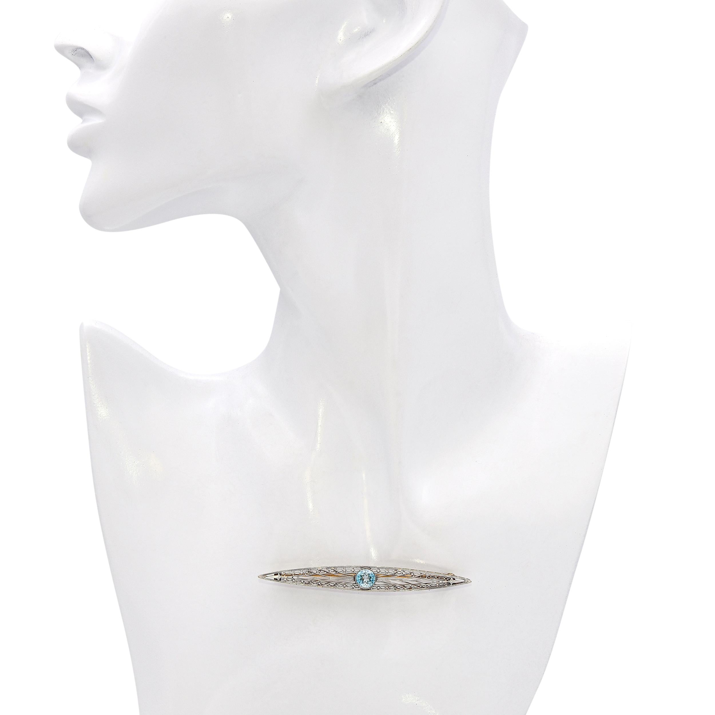 Antique 14k Yellow Gold & Platinum Filigree 0.7ct Blue Topaz Bar Brooch