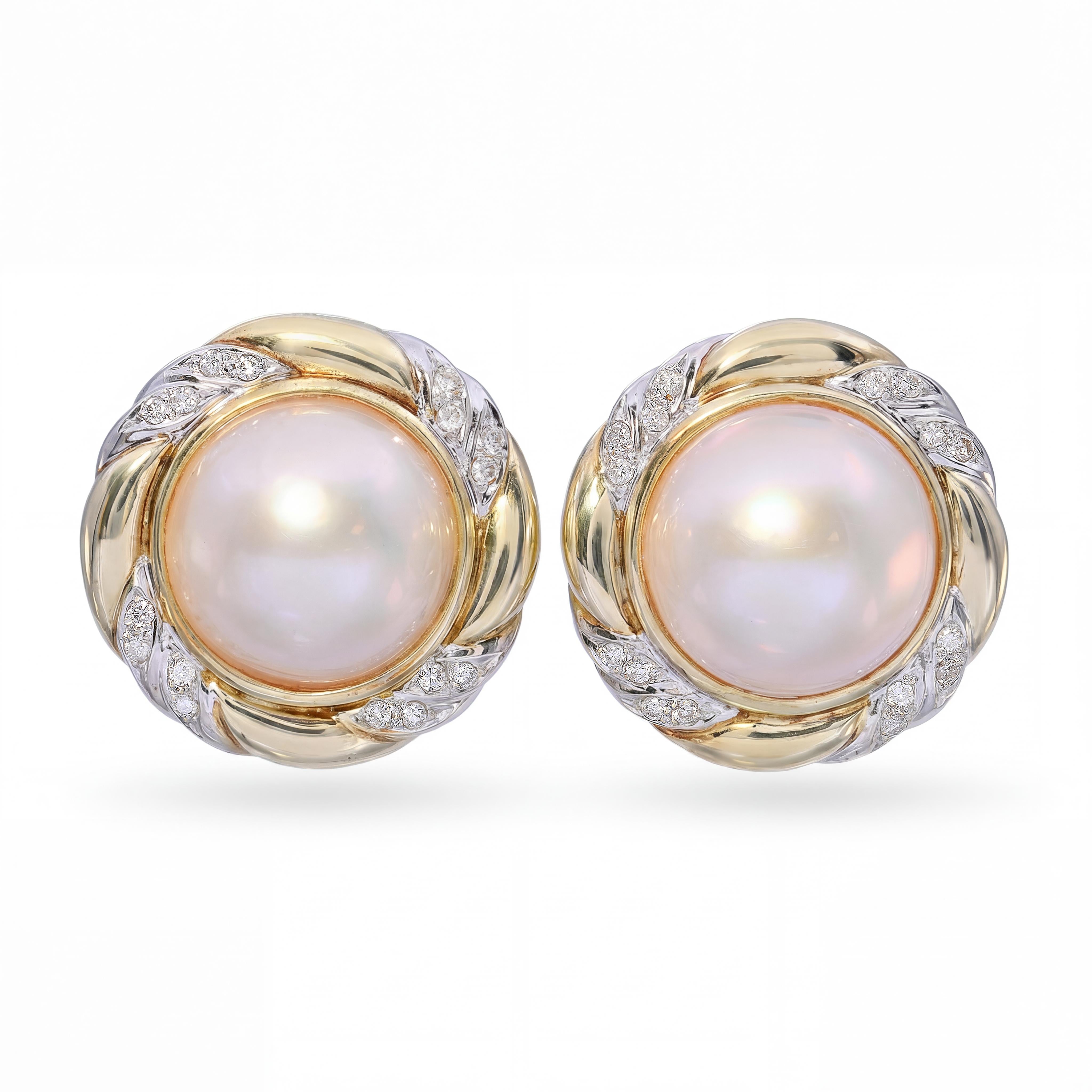 Vintage 14k Two Tone Gold Mabe Pearl and Diamond Stud Earrings
