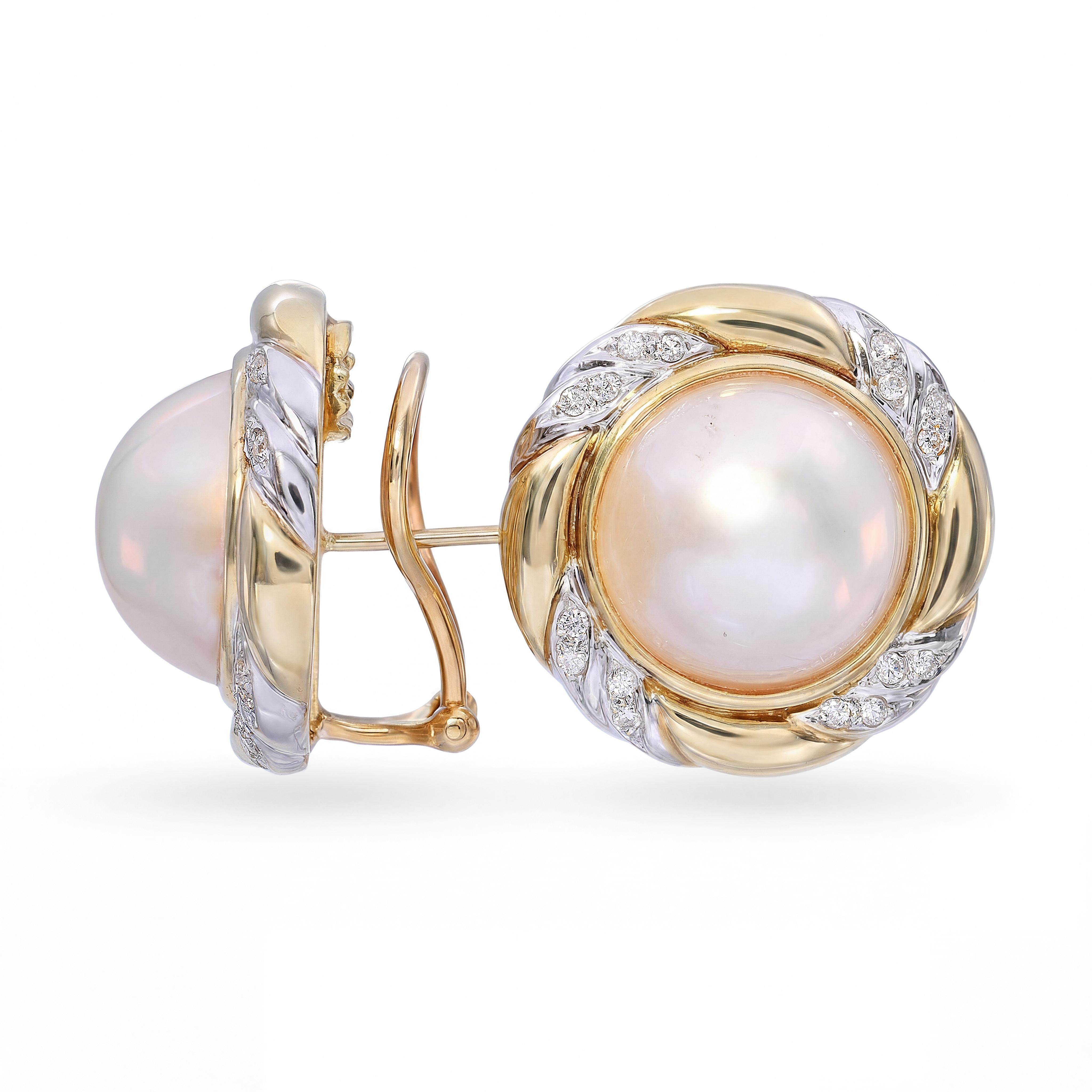 Vintage 14k Two Tone Gold Mabe Pearl and Diamond Stud Earrings