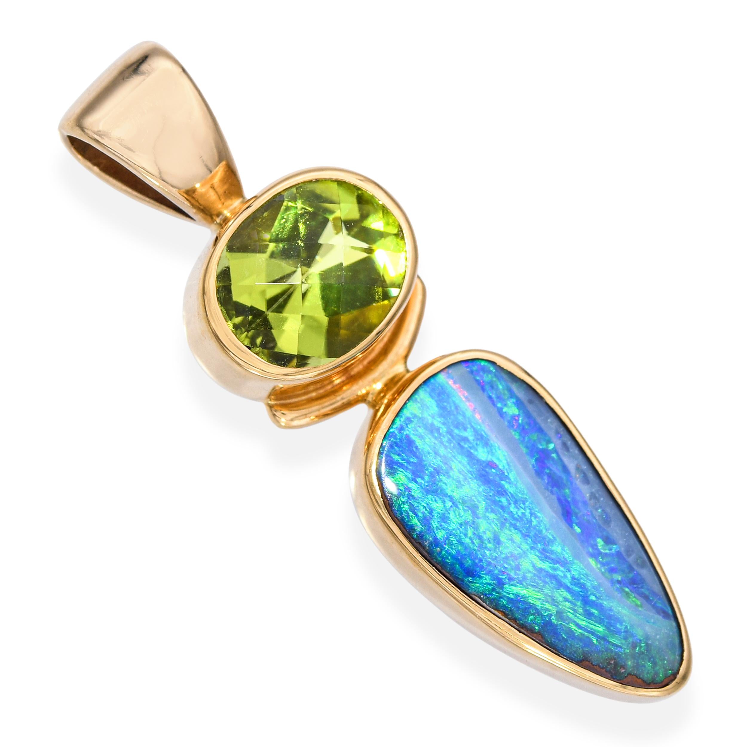 14k Yellow Gold 1.13ct Peridot and Boulder Opal Pendant