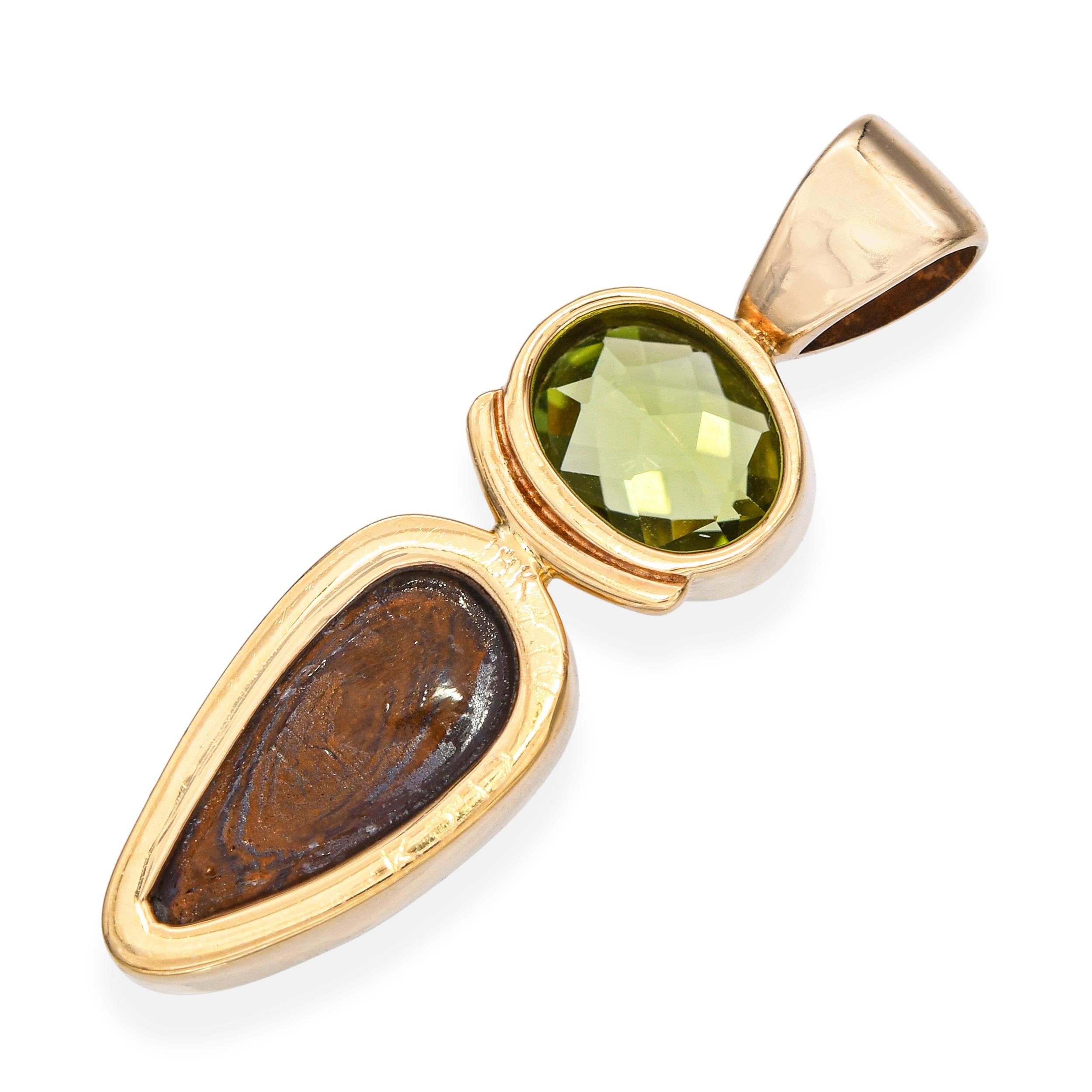 14k Yellow Gold 1.13ct Peridot and Boulder Opal Pendant
