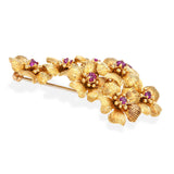 Vintage Cartier 18k Yellow Gold Ruby Flower Cluster Brooch