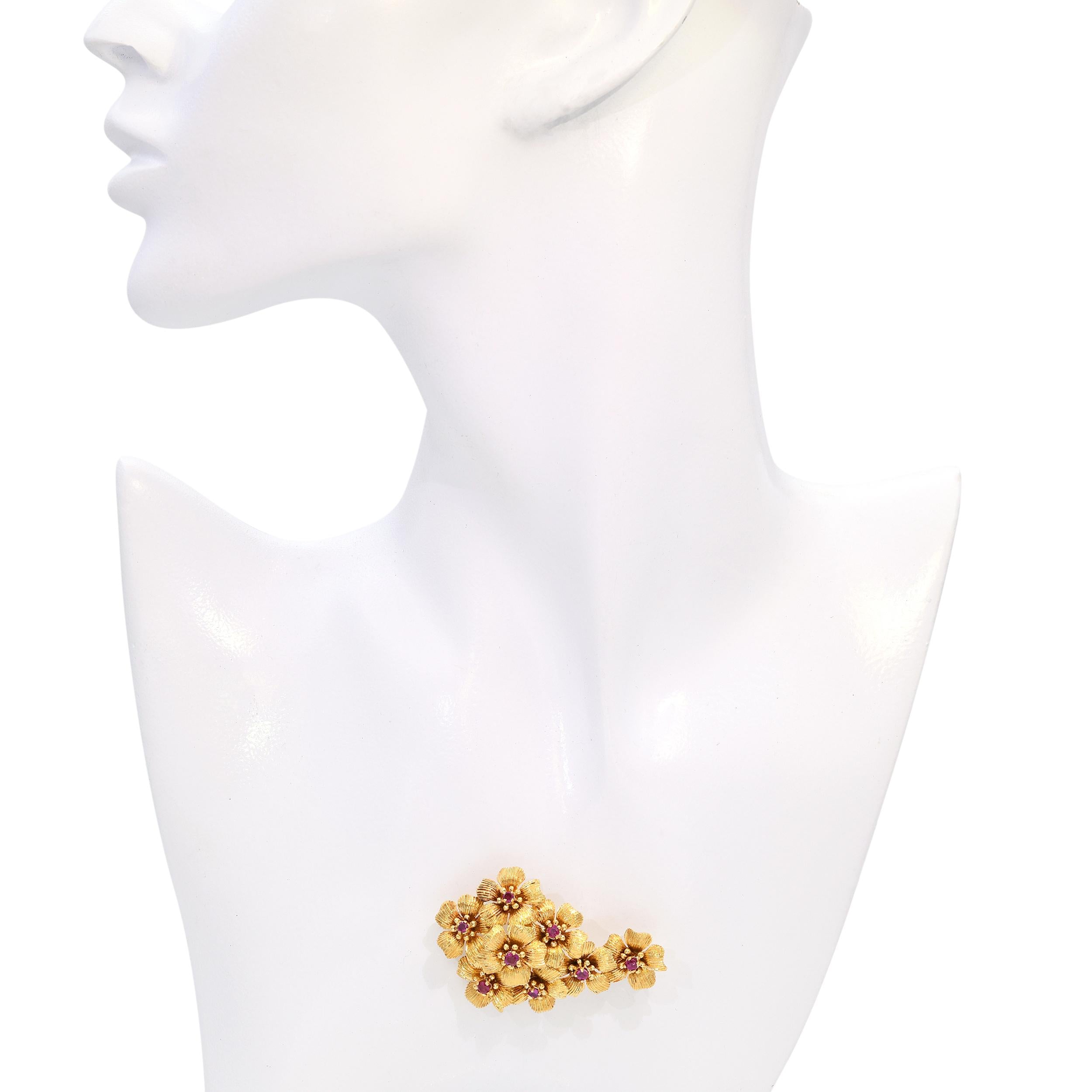 Vintage Cartier 18k Yellow Gold Ruby Flower Cluster Brooch