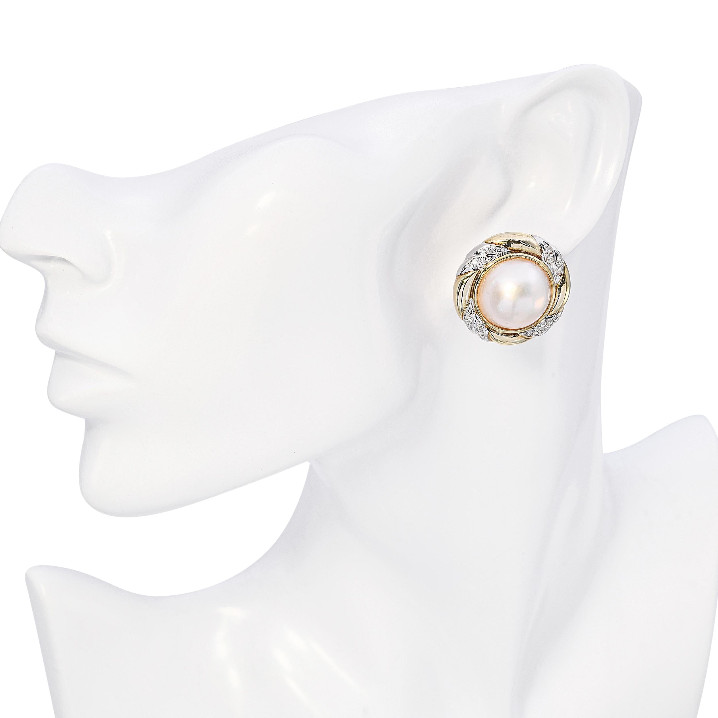 Vintage 14k Two Tone Gold Mabe Pearl and Diamond Stud Earrings