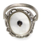 Vintage 10K White Gold Mother of Pearl "P" Monogram Enamel Ring