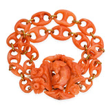 Antique Victorian 14k Yellow Gold Lamb in Flowers Carved Coral Link Bracelet