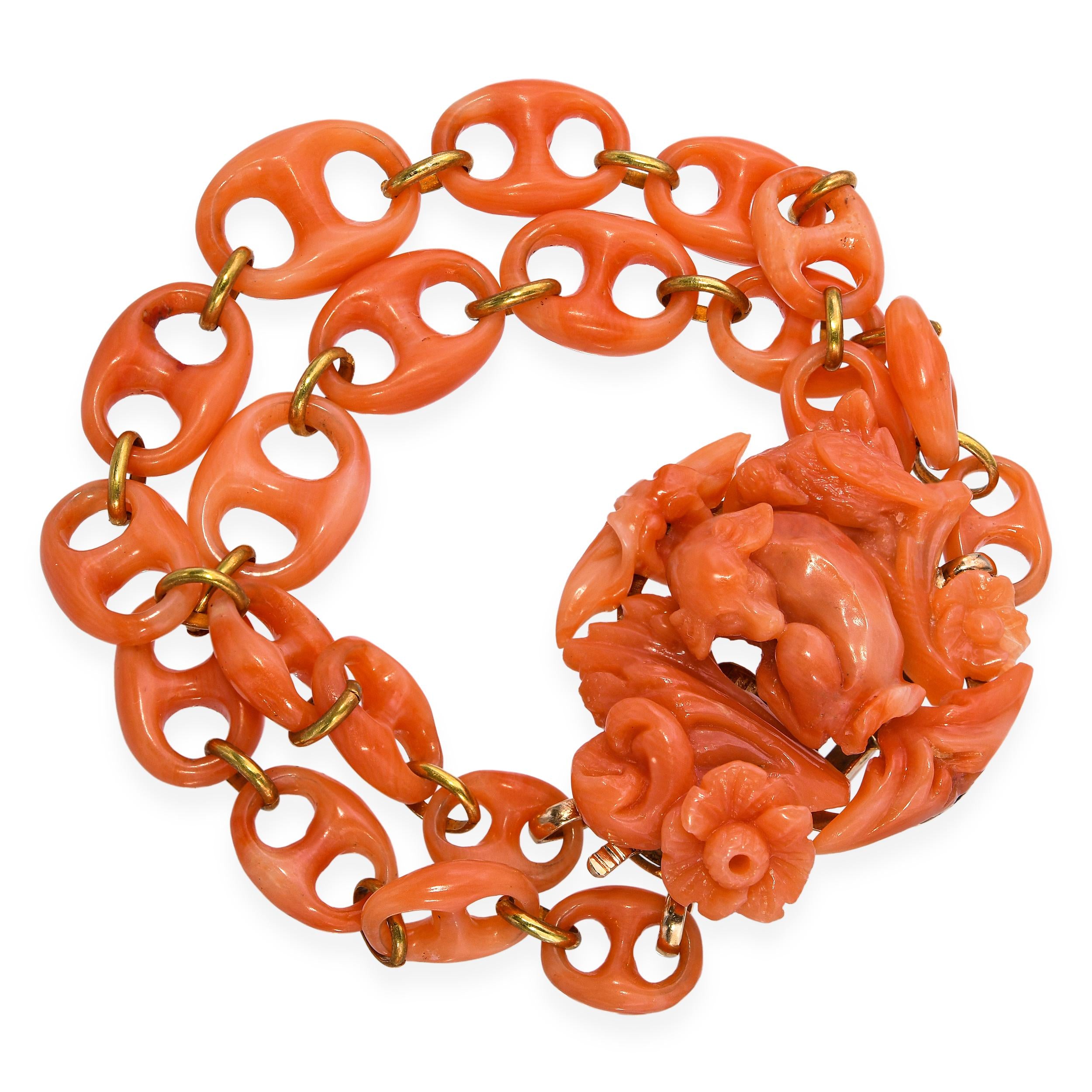 Antique Victorian 14k Yellow Gold Lamb in Flowers Carved Coral Link Bracelet
