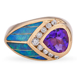 Kabana 14k Yellow Gold Amethyst Diamond and Opal Inlay Statement Ring