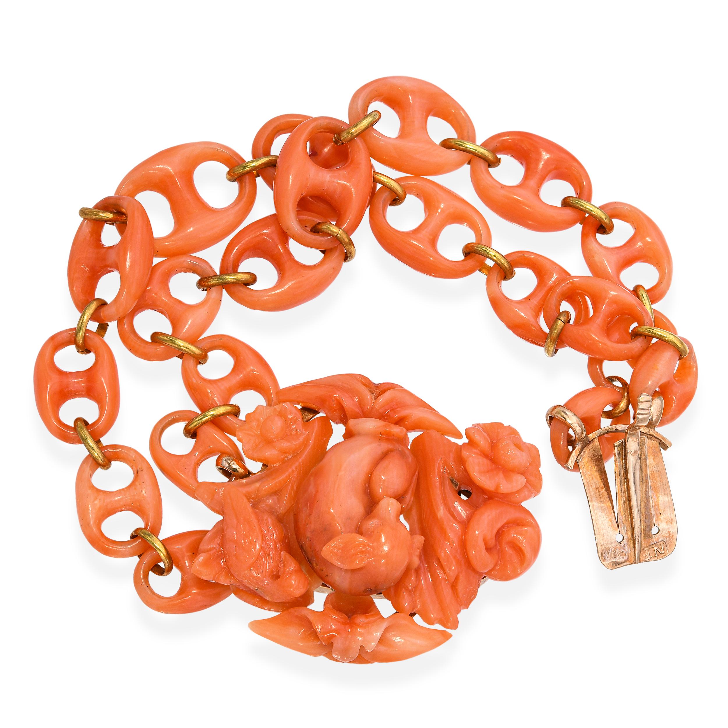 Antique Victorian 14k Yellow Gold Lamb in Flowers Carved Coral Link Bracelet