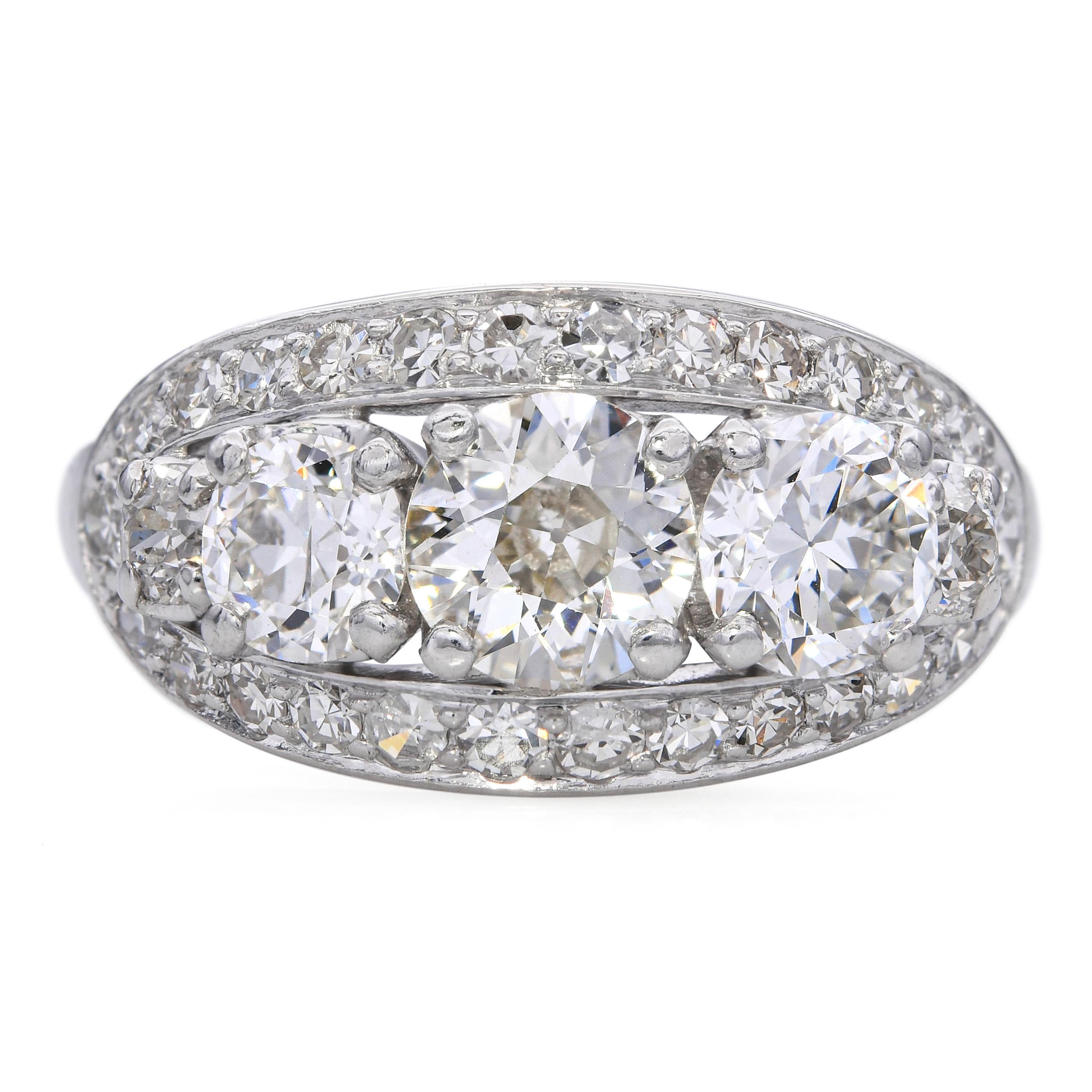 Vintage Platinum 2.63tcw Old Euro Diamond Three Stone Cluster Ring