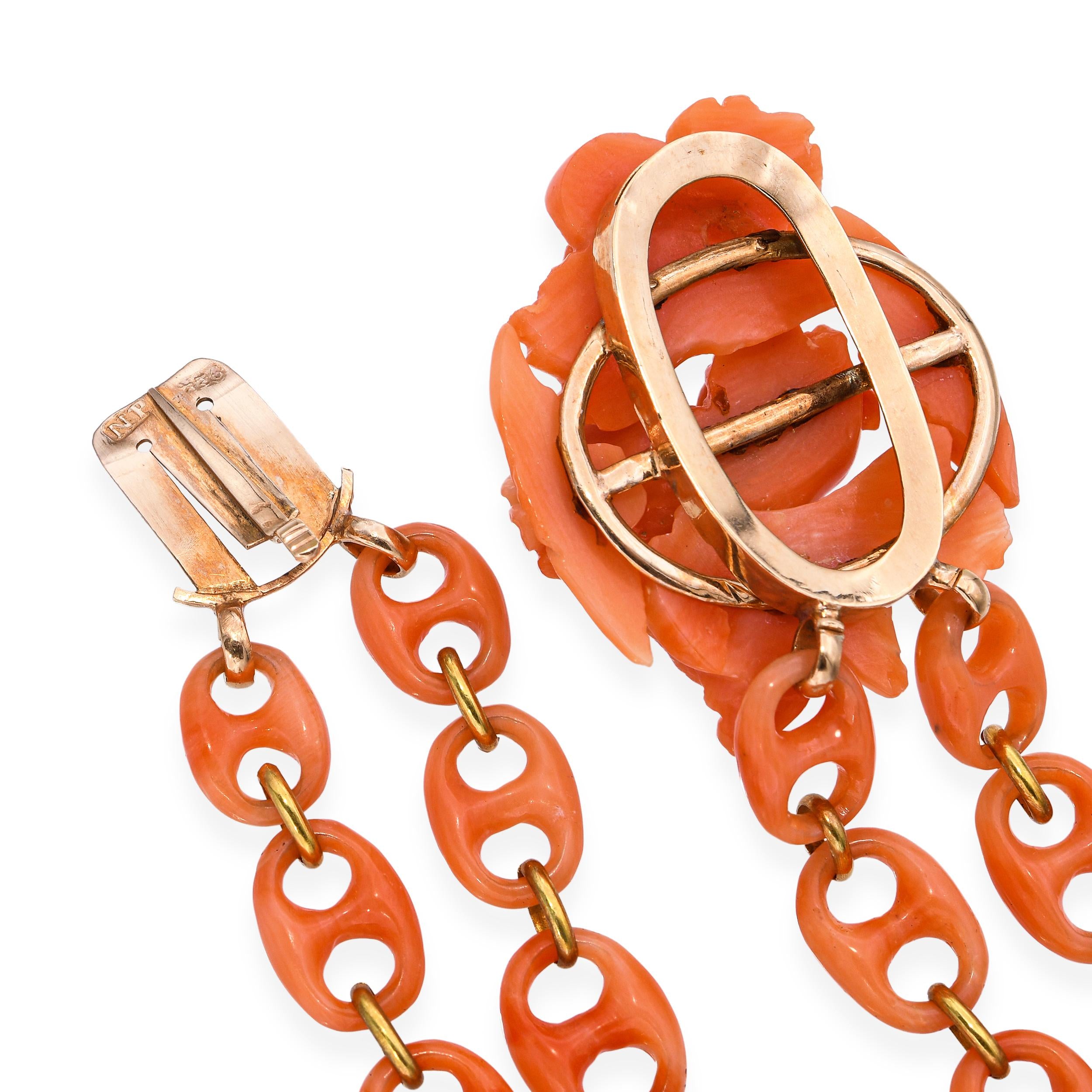 Antique Victorian 14k Yellow Gold Lamb in Flowers Carved Coral Link Bracelet